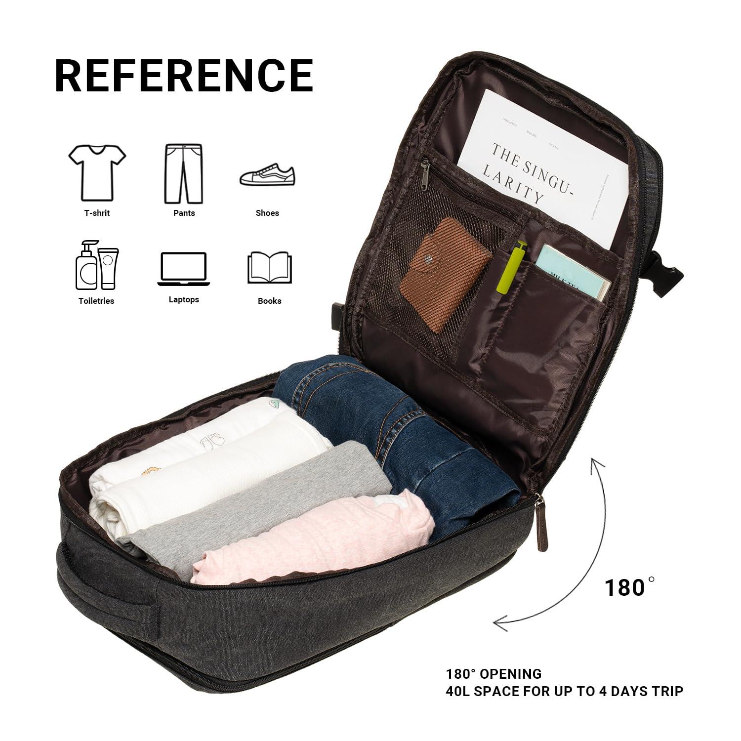 KAUKKO KAUKKO Canvas Travel Backpack, Personal Item Airline Approved, Carry On Backpack with Multi-Pockets and Shoe Pouch, fit 15.6 inch Laptop, 40L Weekender Bag, 11-BLACK