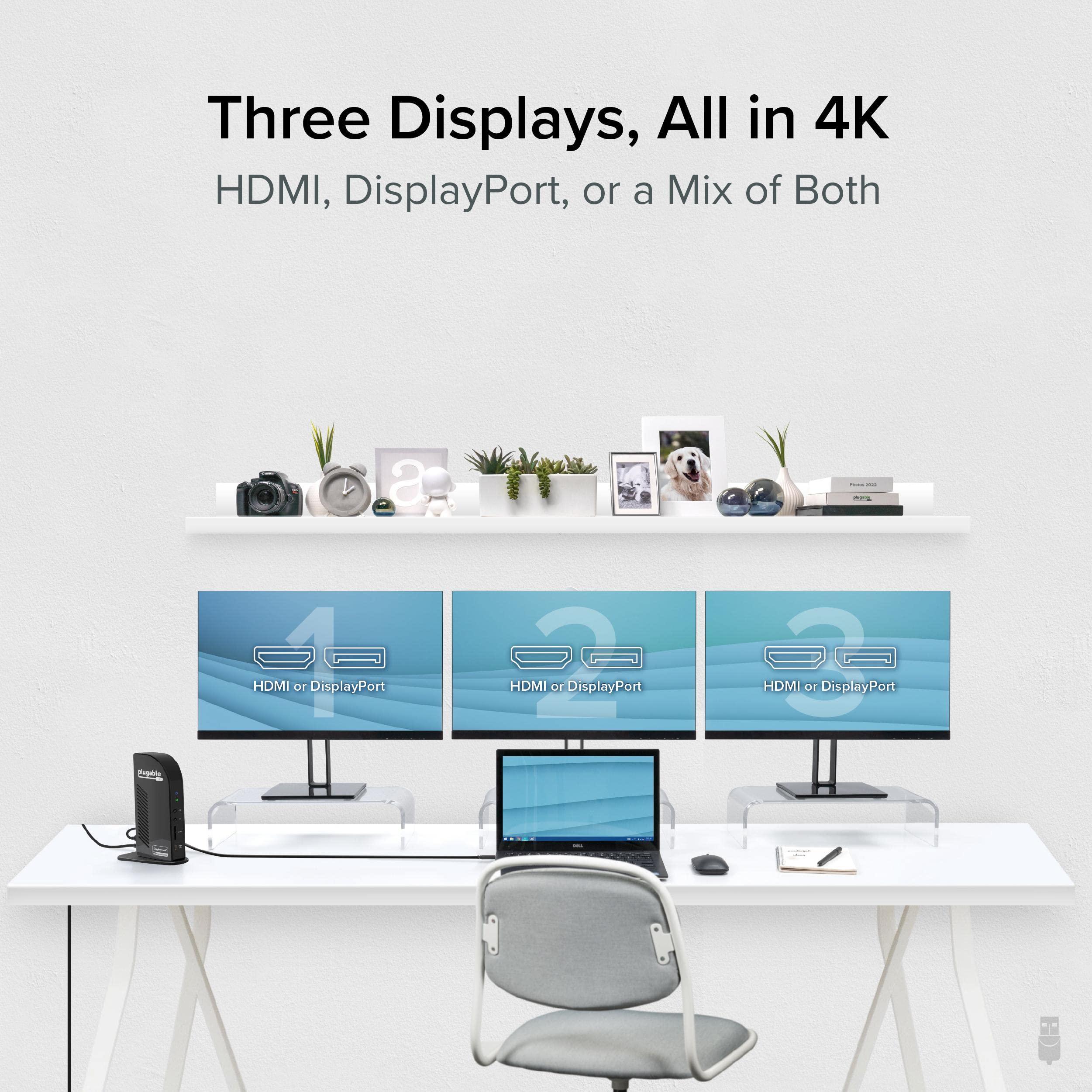 Plugable Plugable 4K Docking Station Triple Monitor with 100W Power Delivery, USB-C Dock for Thunderbolt and USB-C Windows and Mac M1 M2 M3, Driver Required (3X HDMI, DisplayPort, 1x USB-C, USB 3.0, SD Card)