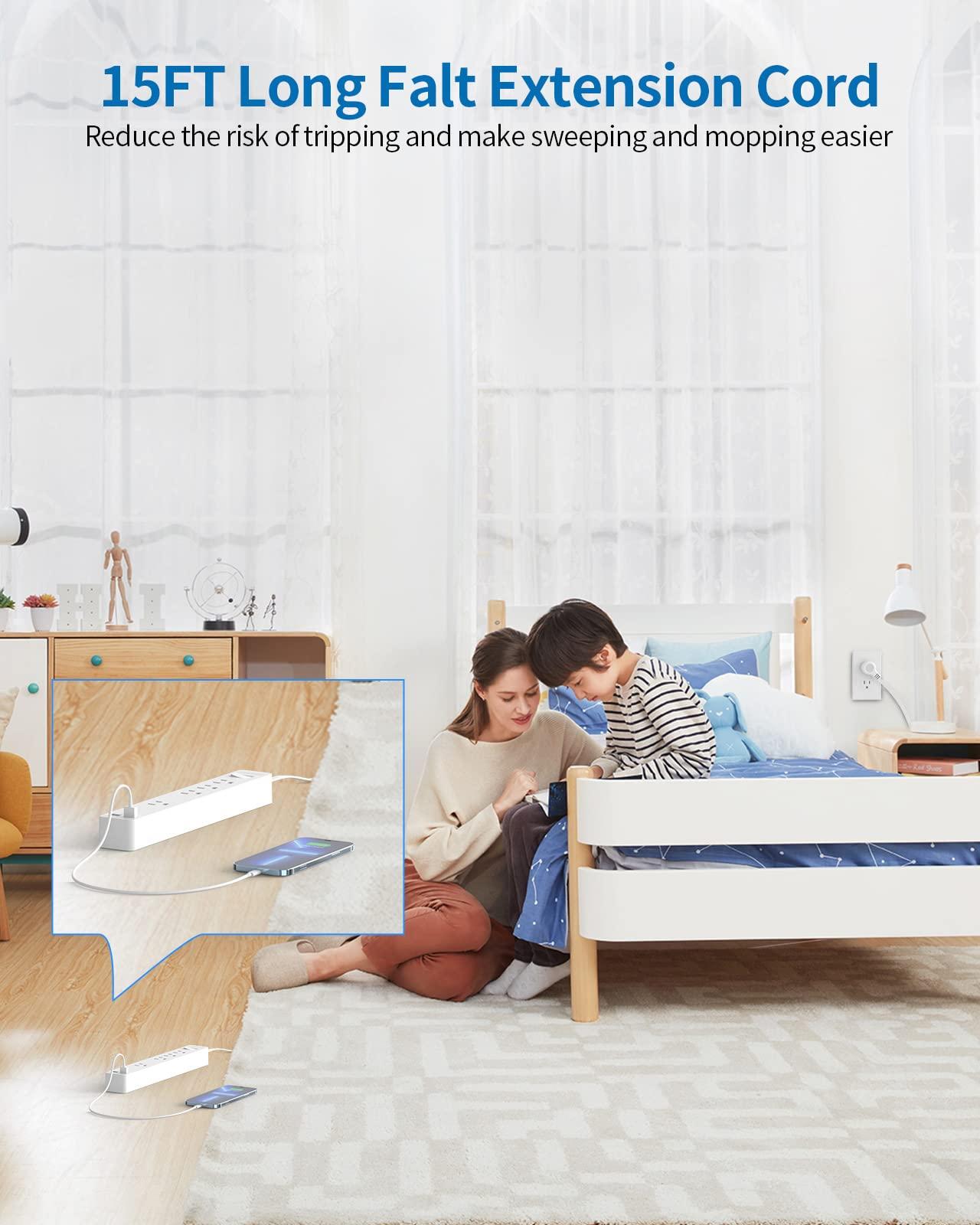 NTONPOWER Flat Extension Cord 15 ft, NTONPOWER Ultra Thin Flat Extension Cord Under Carpet, Rug, Door, Wall Mount Power Strip Flat Plug with 4 Outlets 2 USB, Overload Protection for Home Office Indoor, White