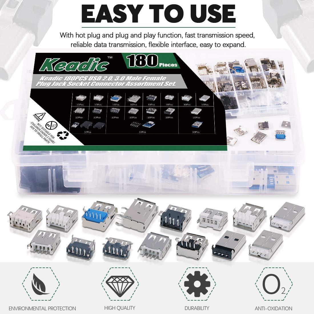 Keadic Keadic 180PCS Micro USB Female Socket Male Socket, USB 2.0, 3.0 Male Female Jack Socket Connector Set Includes Micro USB Type B 5 Pin T Port Male Connector, 9-Pin Male Port Connectors