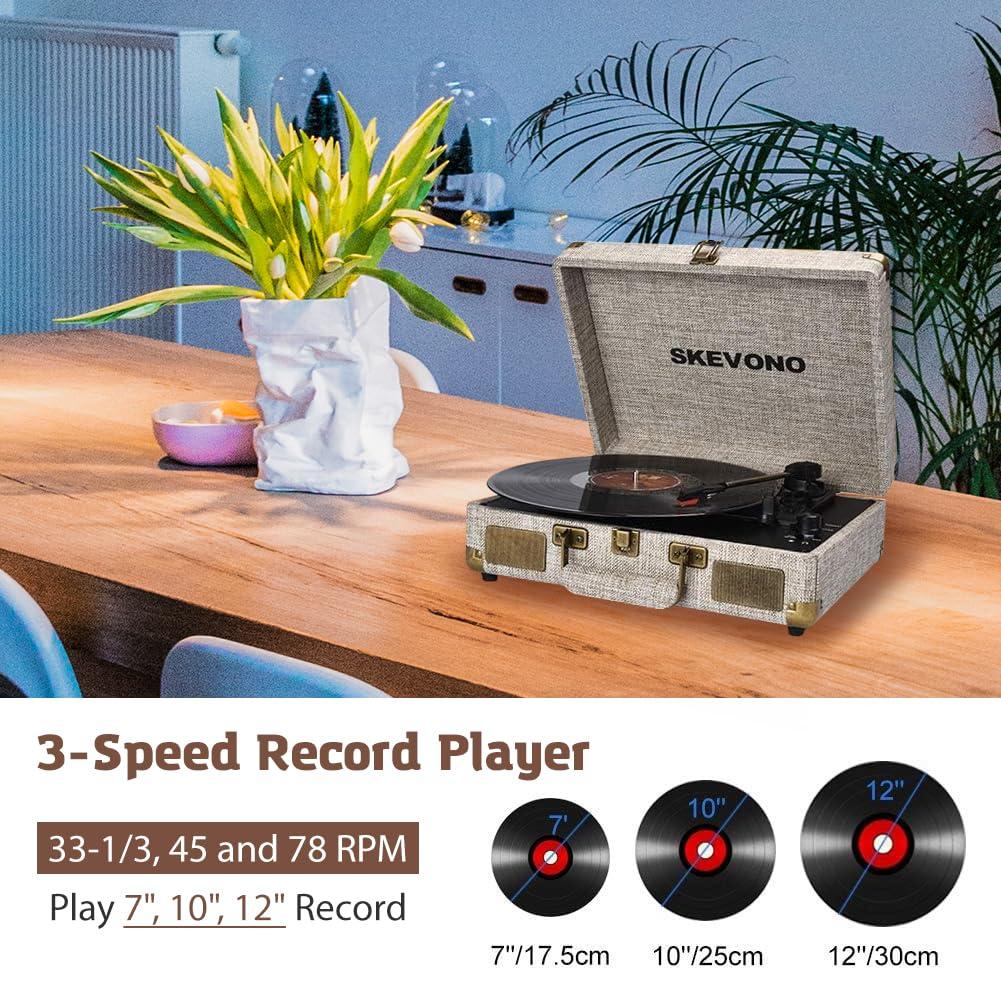 SKEVONO Vinyl Record Player, SKEVONO 33-1/3, 45 & 78 RPM Portable Suitcase Turntable, Bluetooth Vintage Record Player with 2 Built-in Speakers, Supports RCA Output Headphone Jack Phone Music Playback