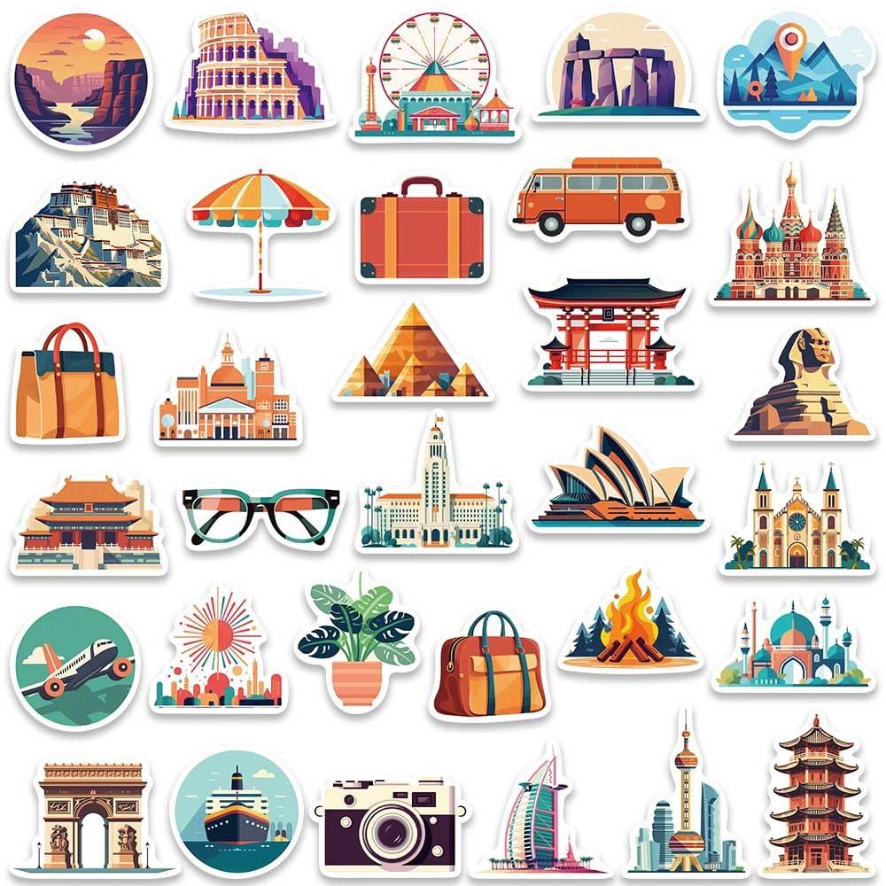 Lemorni World Travel City Stickers for Luggage, 65Pcs Waterproof Vinyl Travel Stickers Pack for Water Bottle, Laptop, Bicycle, Suitcase, Scrapbook, Journal, Cars, Famous City Scenery Decals (City)