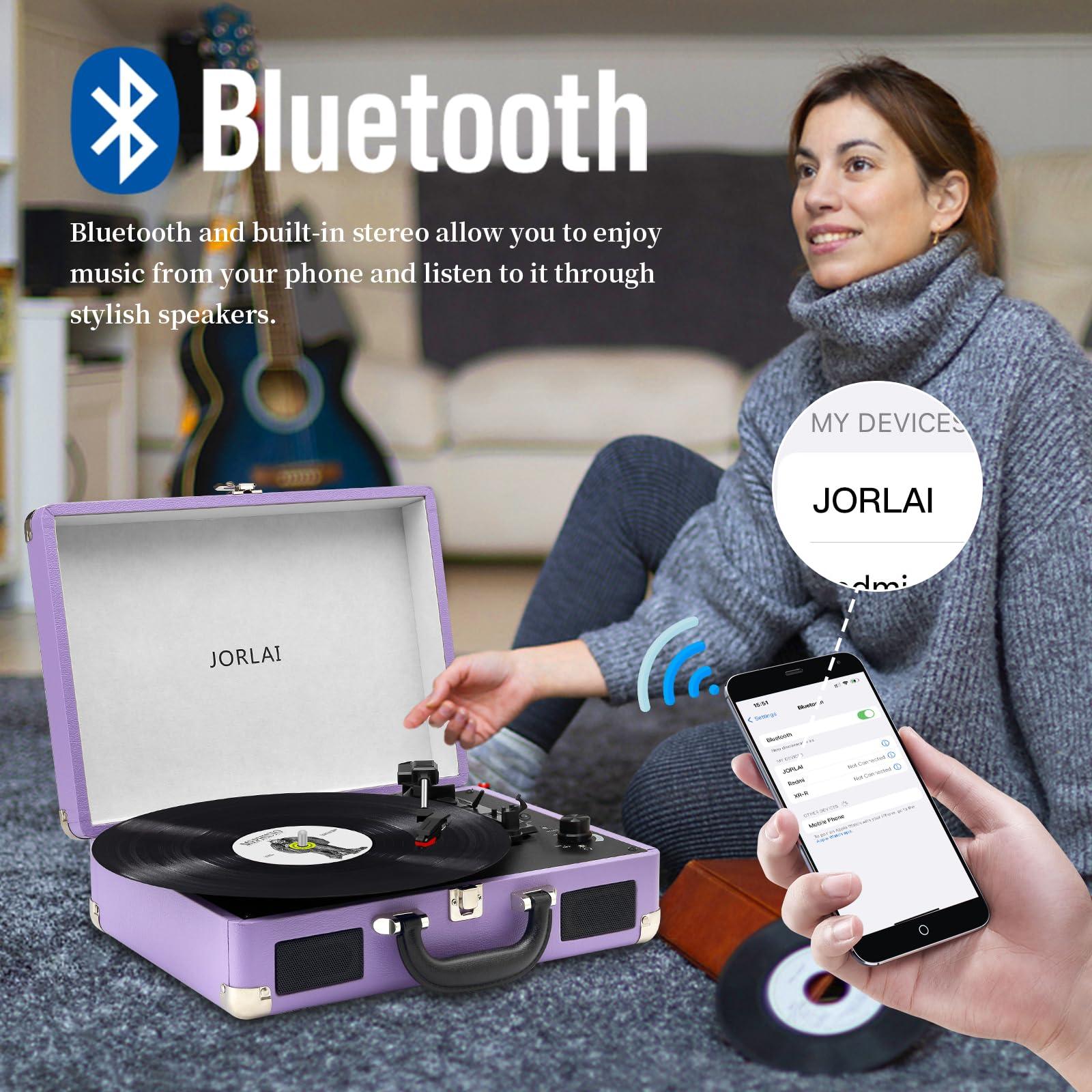 JORLAI JORLAI Record Player 3 Speed Vinyl with Bluetooth Vintage Turntable Built in Battery Portable Suitcase Support Aux in RCA Line Out Headphone Jack Purple