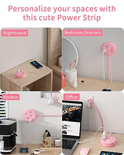 NTONPOWER Pink Extension Cord 15ft, NTONPOWER Flat Plug Power Strip with Long Extension Cord, 3 Outlet 2 USB Desktop Charging Station Wall Mount for Home, Dorm Room, Office and Nightstand, ETL Listed