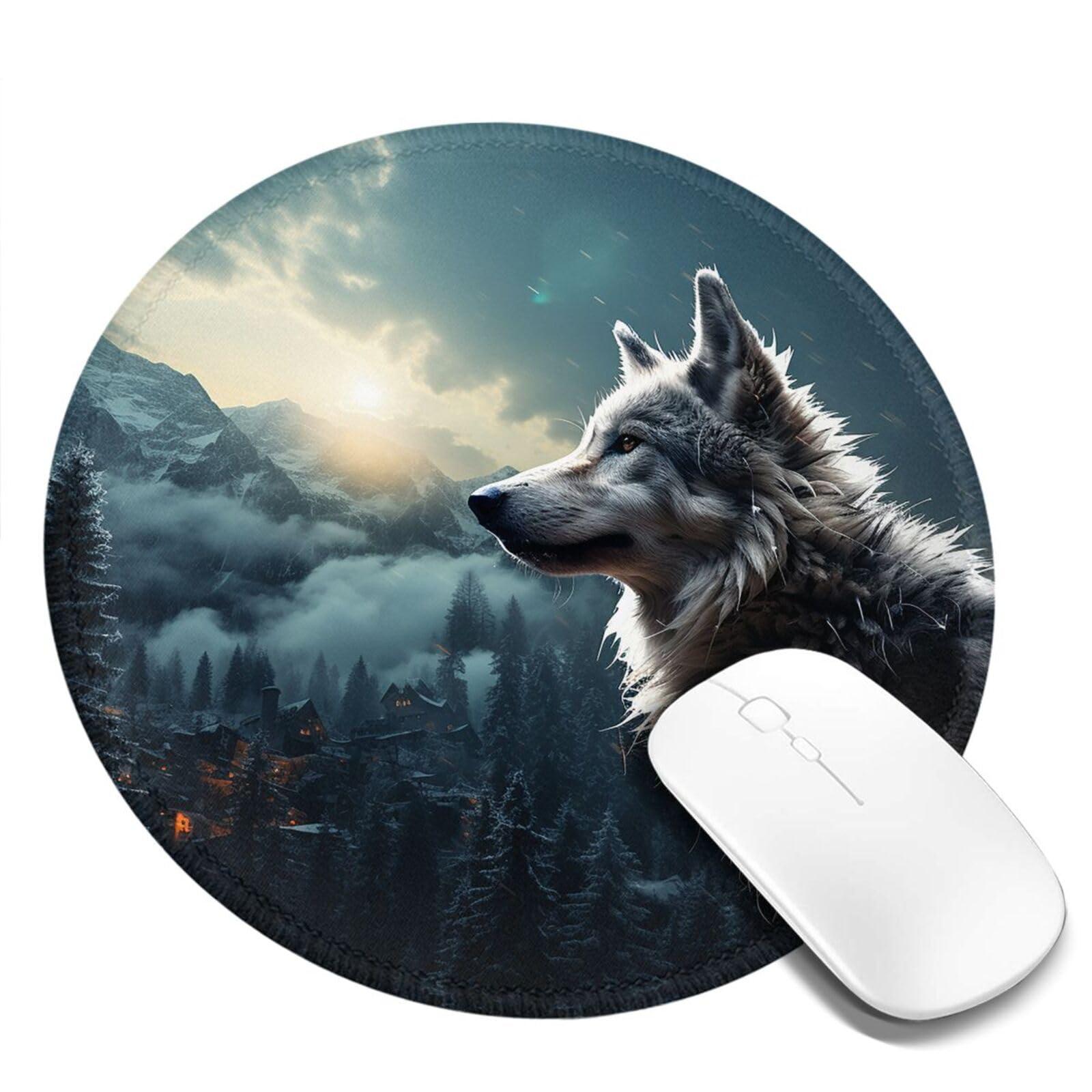 YoupO Mouse Pad, Wolf at Night Printed Round Mouse Mat with Non-Slip Rubber Base,Stitched Edge Mousepad for Office Home Gaming Work Study