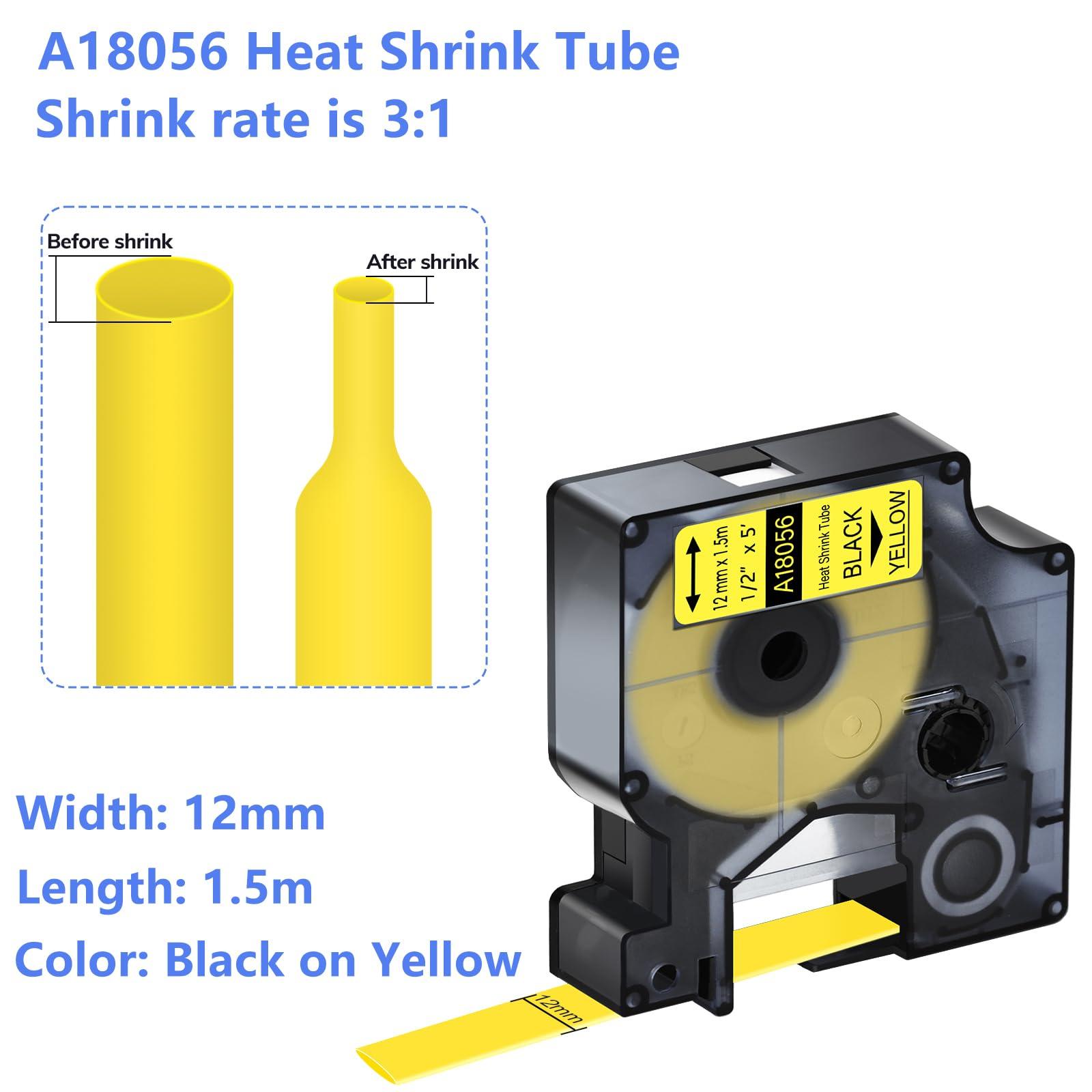 Cruxer 8 Pack Compatible with Dymo Rhino Heat Shrink Tube Labels 18056, 1/2" x 4.9' 12mm 1.5m Work with DYMO Rhino 4200 5200 6000 Industrial Label Makers, 18056 Heat-Shrink Label Tape Black on Yellow