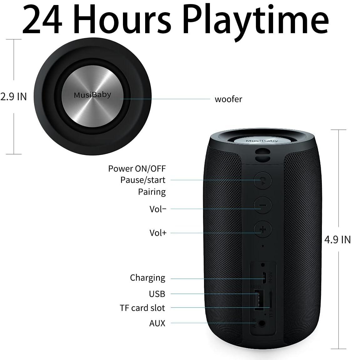 MusiBaby Bluetooth Speaker,MusiBaby Speaker,Wireless,Outdoor, Waterproof,Portable Speaker,Dual Pairing, Bluetooth 5.0,Loud Stereo,Booming Bass,24H Playtime for Home&Party, (BLK)