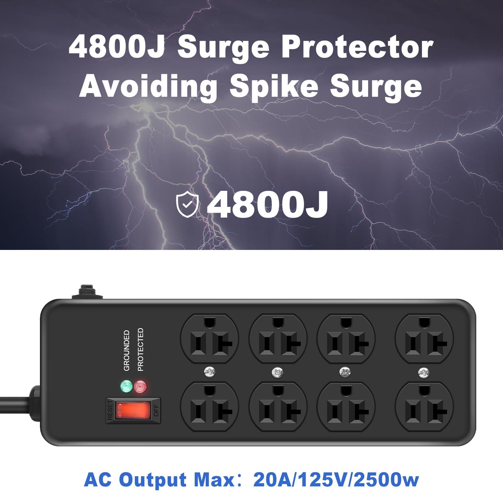 HEZI 20Amp Power Strip Surge Protector, Durable Metal 8-Outlet with Heavy Duty 20 Amp 10Ft 12 Gauge Extension Cord, for Garage, Workshop & Industrial Use with 6-20R T-Slot Outlets, 4800J