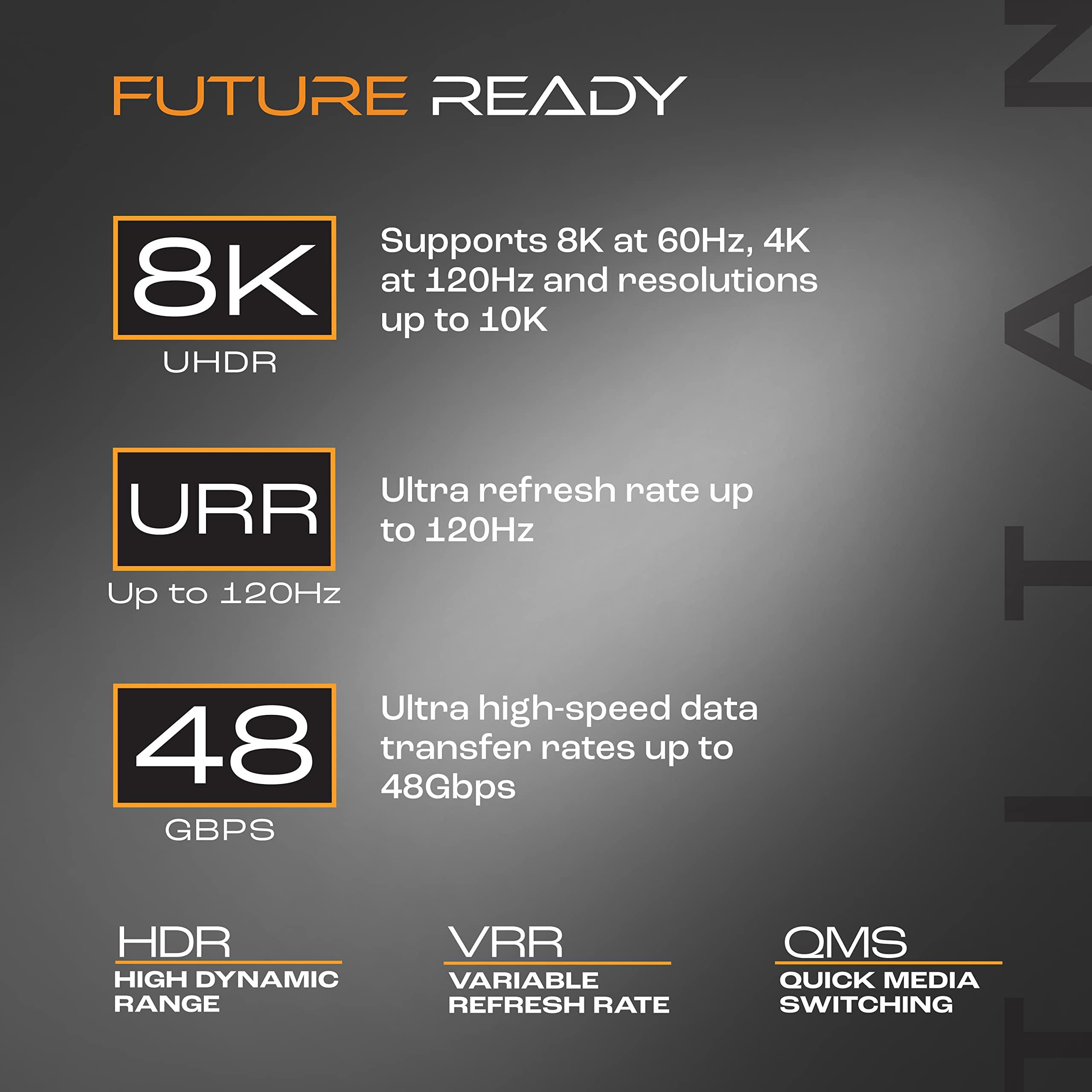 TITAN TITAN 8K HDMI 2.1 Cable, 3 ft Braided Cord, Amber LED Light Strip, Ultra High-Speed Cable with HDR, VRR & QMS, 48 GBPS, Black, 60864