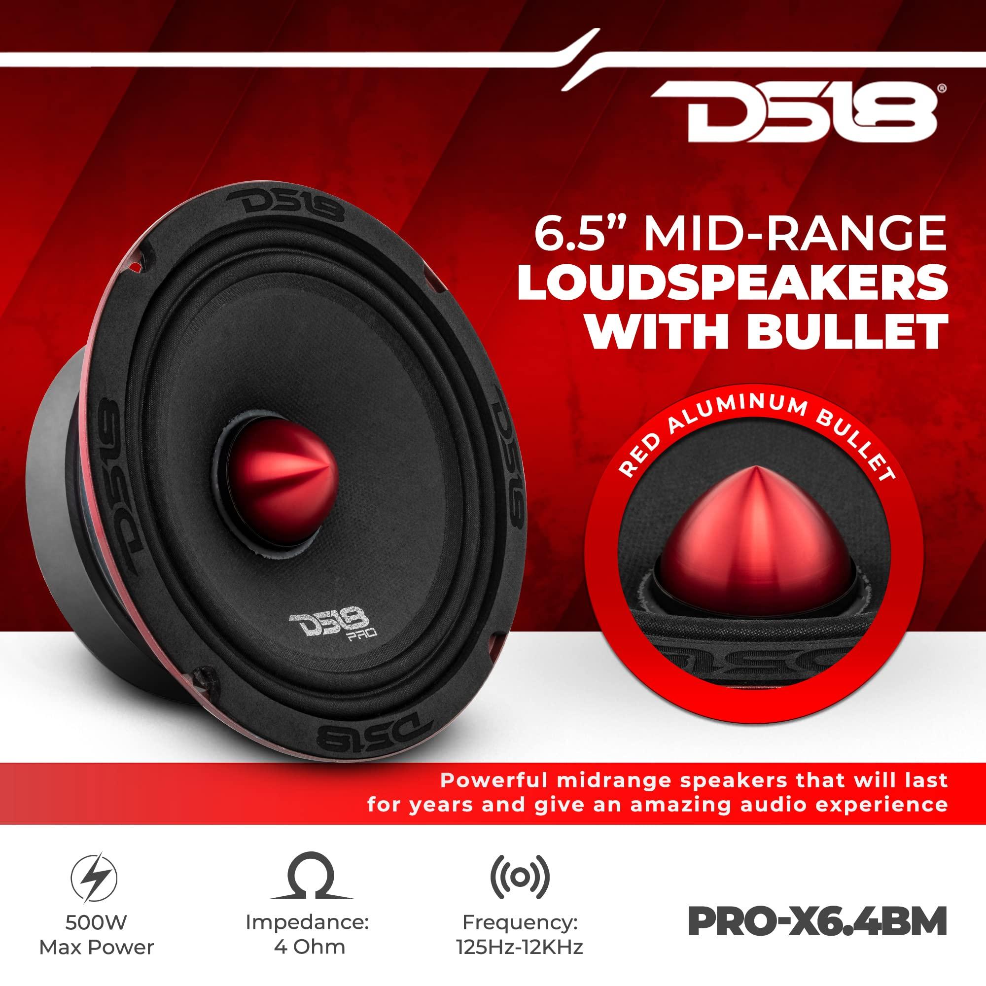 DS18 DS18 PRO-X6.4BM Loudspeaker 6.5\" Midrange Red Aluminum Bullet 500W Max 250W RMS 4 Ohms - Speaker Wire 16GA 100 FT Included - Car Audio Door Speakers for Car or Truck Stereo Sound System - 2 Speakers
