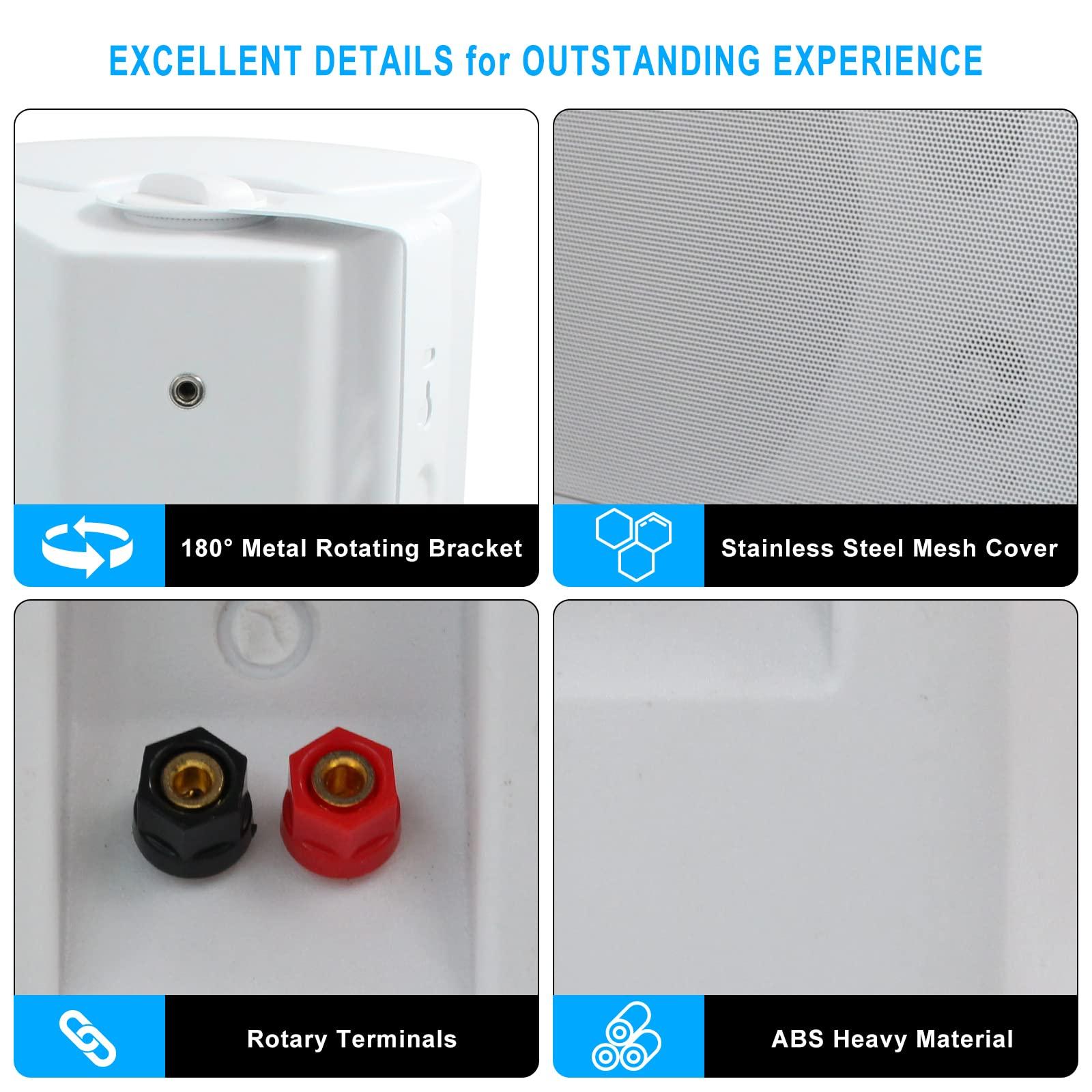 Herdio Herdio 800W 6.5 Inch Outdoor Speakers Bluetooth Waterproof Wired with Superior Amplifier, Wall Mounted Sound System, Enhanced Bass & Durable, Mountable Swivel Brackets, for Patio Home (2 Pairs, White)