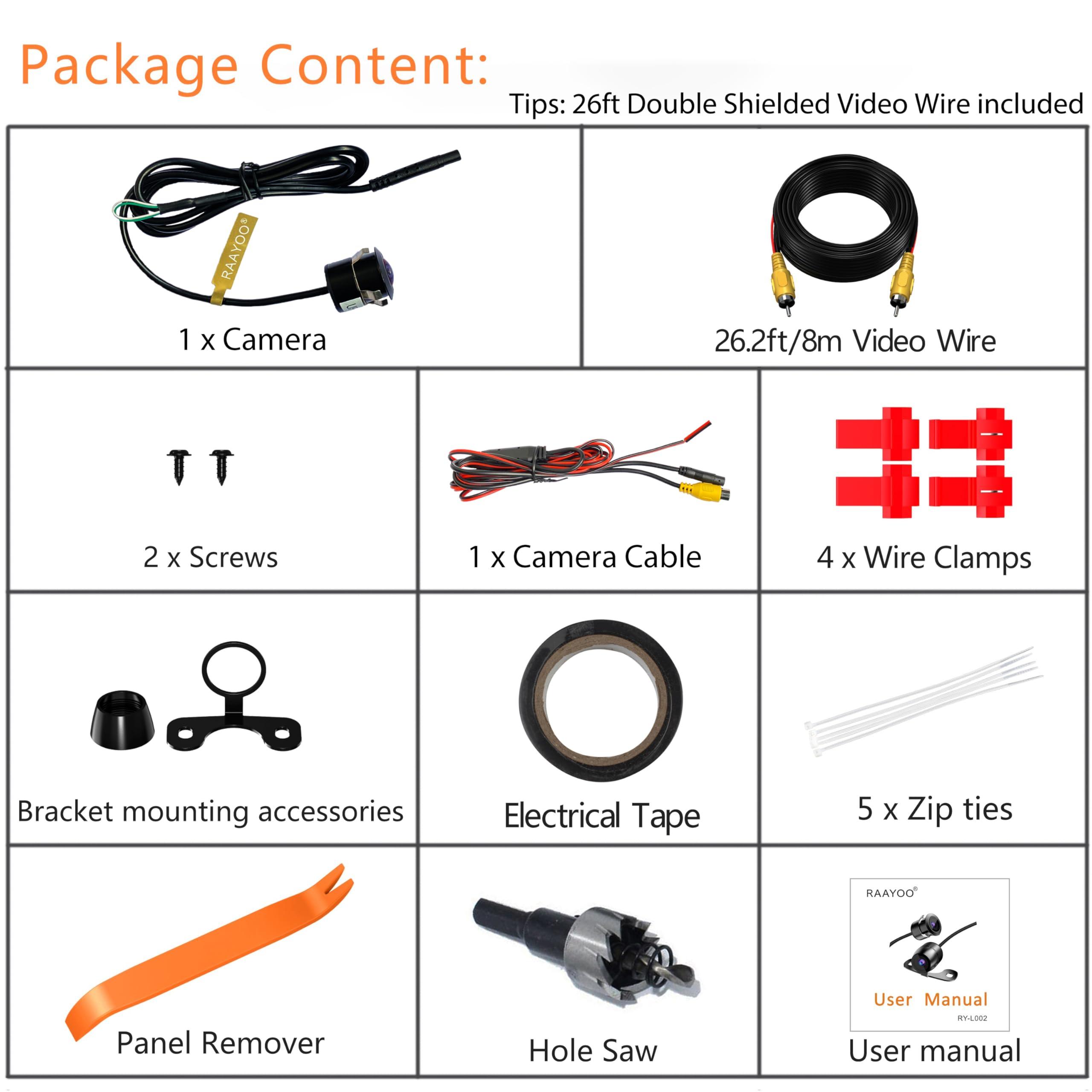 RAAYOO Backup Camera Flush Mount, Metal Housing 170Wide View Angle Rear/Side/Front View Camera for Car, Clear Night Vision IP69 Waterproof Reverse Camera for Vehicle SUV RV Pickup, 18.5mm, 12V/24V, Black