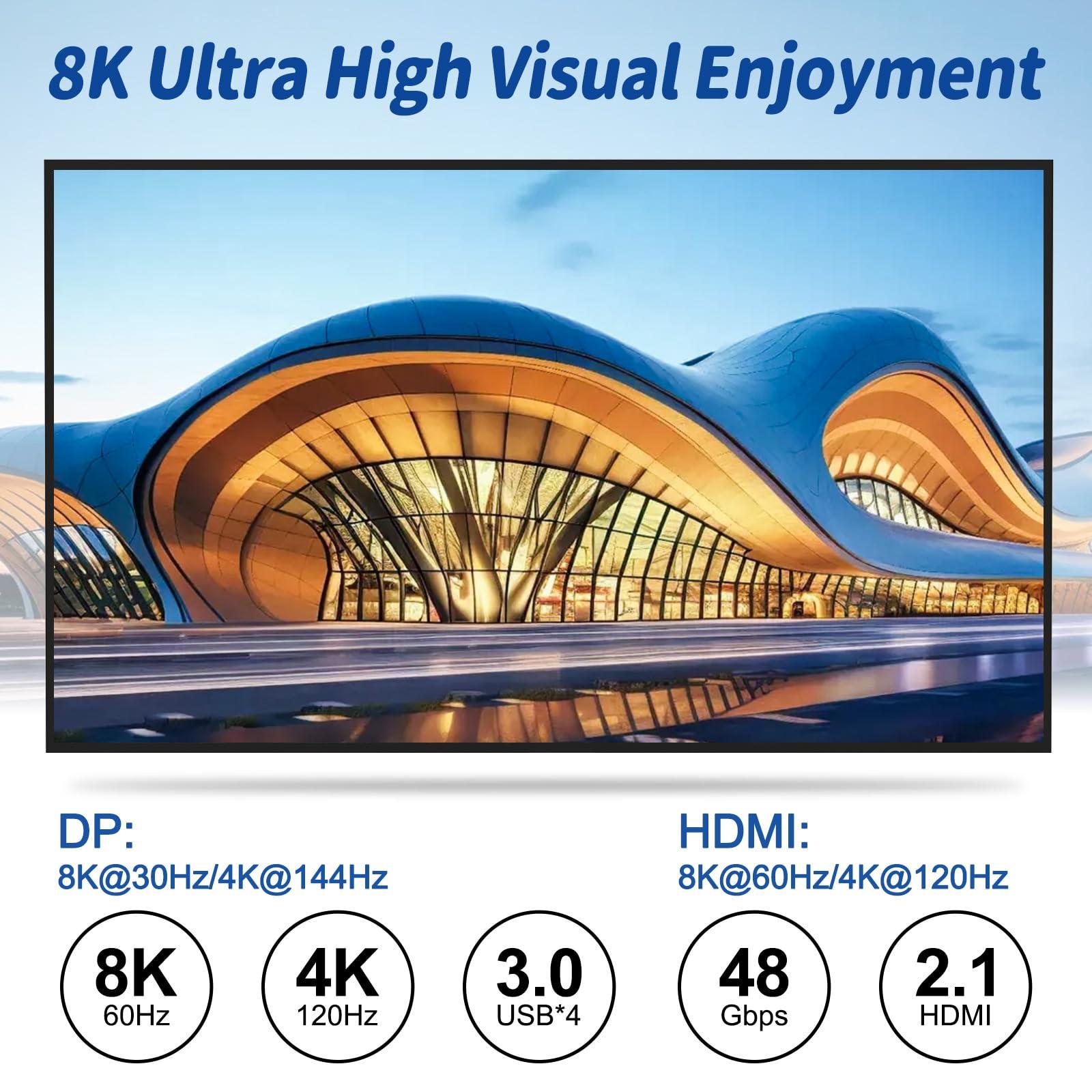 ANXQQ HDMI + 2 Displayport KVM Switch 3 Monitors 2 Computers, ANXQQ 8K@60Hz 4K@144Hz Triple Monitor KVM, Monitor Switch for 2 Computers 3 Monitors with 4 USB 3.0 Ports, Wired Remote and Power Adapter