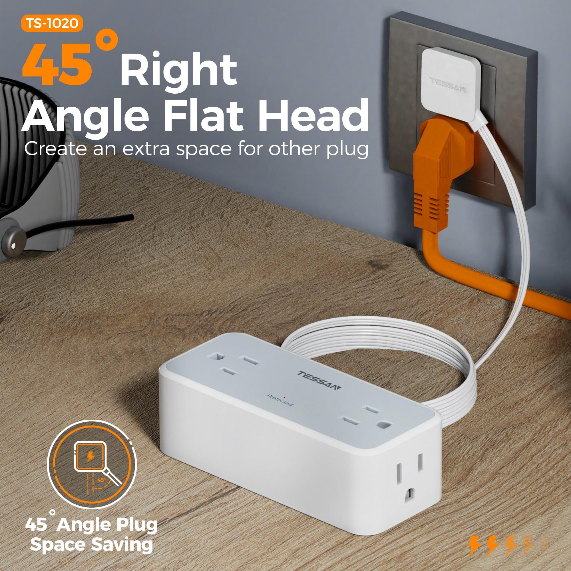 TESSAN Surge Protector Power Strip, TESSAN Flat Plug Extension Cord 10 FT with 4 Wide Spaced AC Outlets, 900J Protection, Wall Mountable Charging Station for Home Office School Dorm Room Essentials