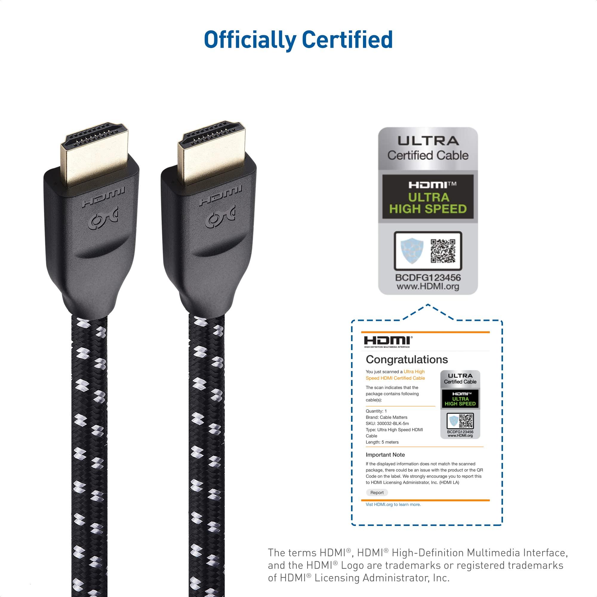 Cable Matters Cable Matters [Ultra High Speed HDMI Certified] Braided 48Gbps 8K HDMI Cable 16.4 ft / 5m with 8K@60Hz, 4K@240Hz and HDR Support for PS5, Xbox Series X/S, RTX3080 / 3090, Apple TV and More in Black