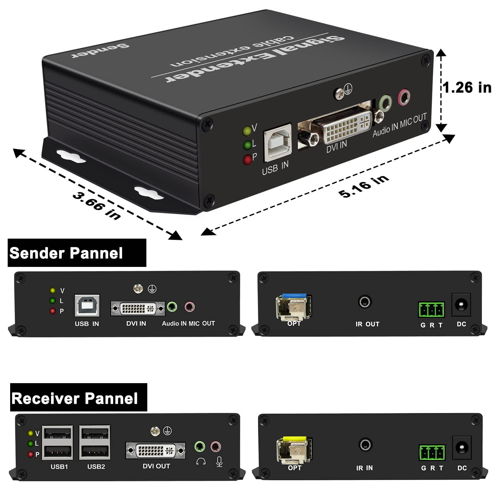 LornCeng 4K DVI KVM Extender Over Fiber up to 20KM, DVI Extender Over SingleMode Fiber Optical Transmitter Receiver Over IP Zero Latency, 4 Ports USB2.0, IR Control, Bidirectional RS232 and Audio