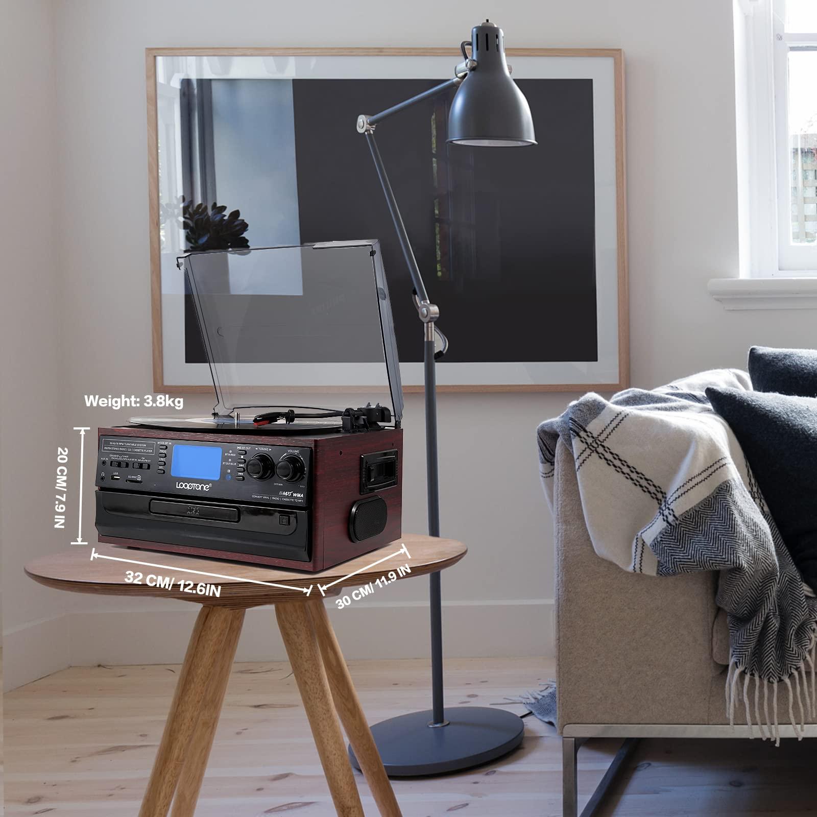 LoopTone LoopTone 10 in 1 Bluetooth in/Out Record Player 3 Speed Vinyl Vintage Turntable CD Player Cassette AM/FM Radio 2 Built in Speaker USB/SD Recorder Aux-in RCA Line-Out