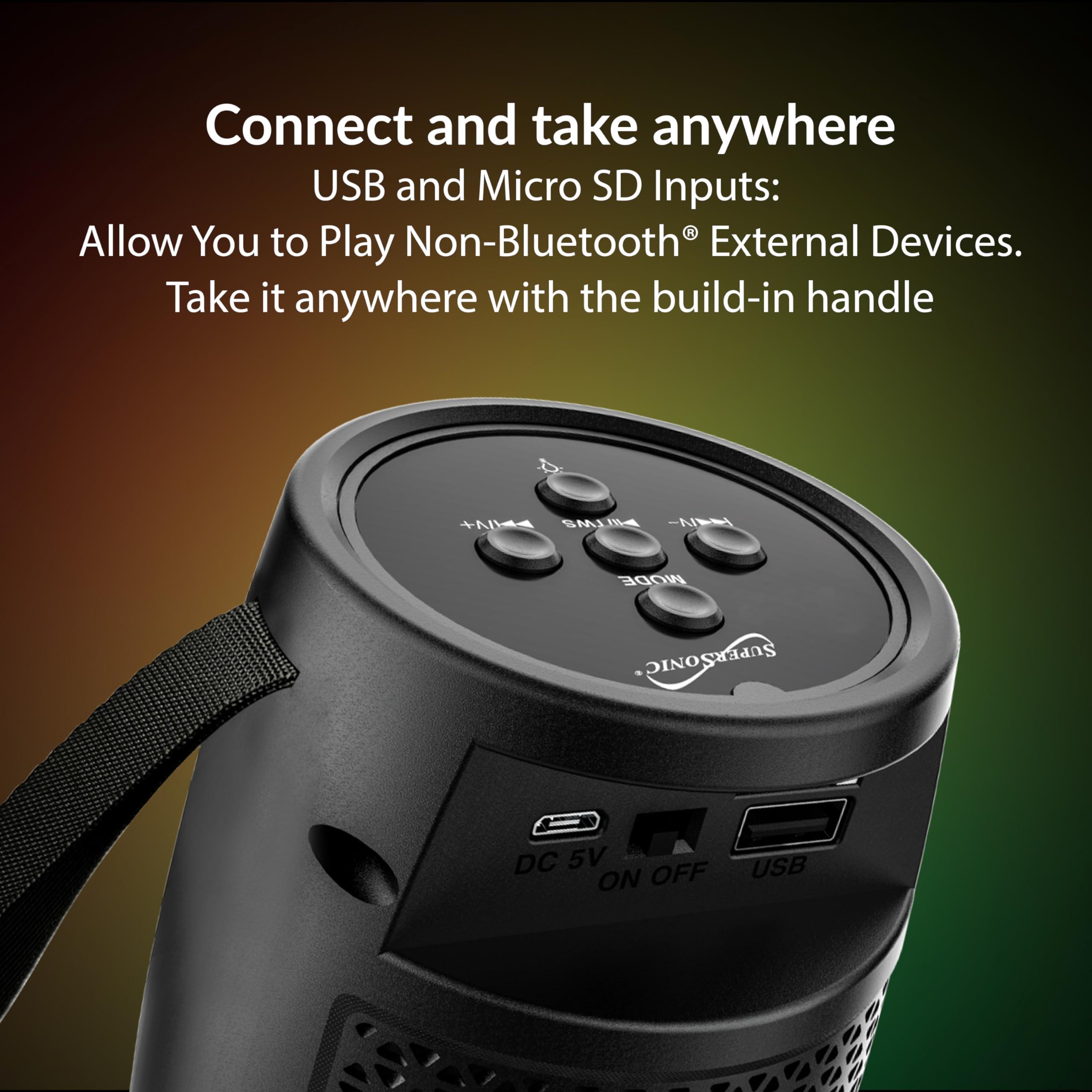 Supersonic Supersonic SC-2333BT Portable Bluetooth Speaker with RGB Light Panel, True Wireless Stereo, Bluetooth 5.0, USB/Micro SD Playback, FM Radio, Rechargeable Battery, 1-2 hrs Playtime