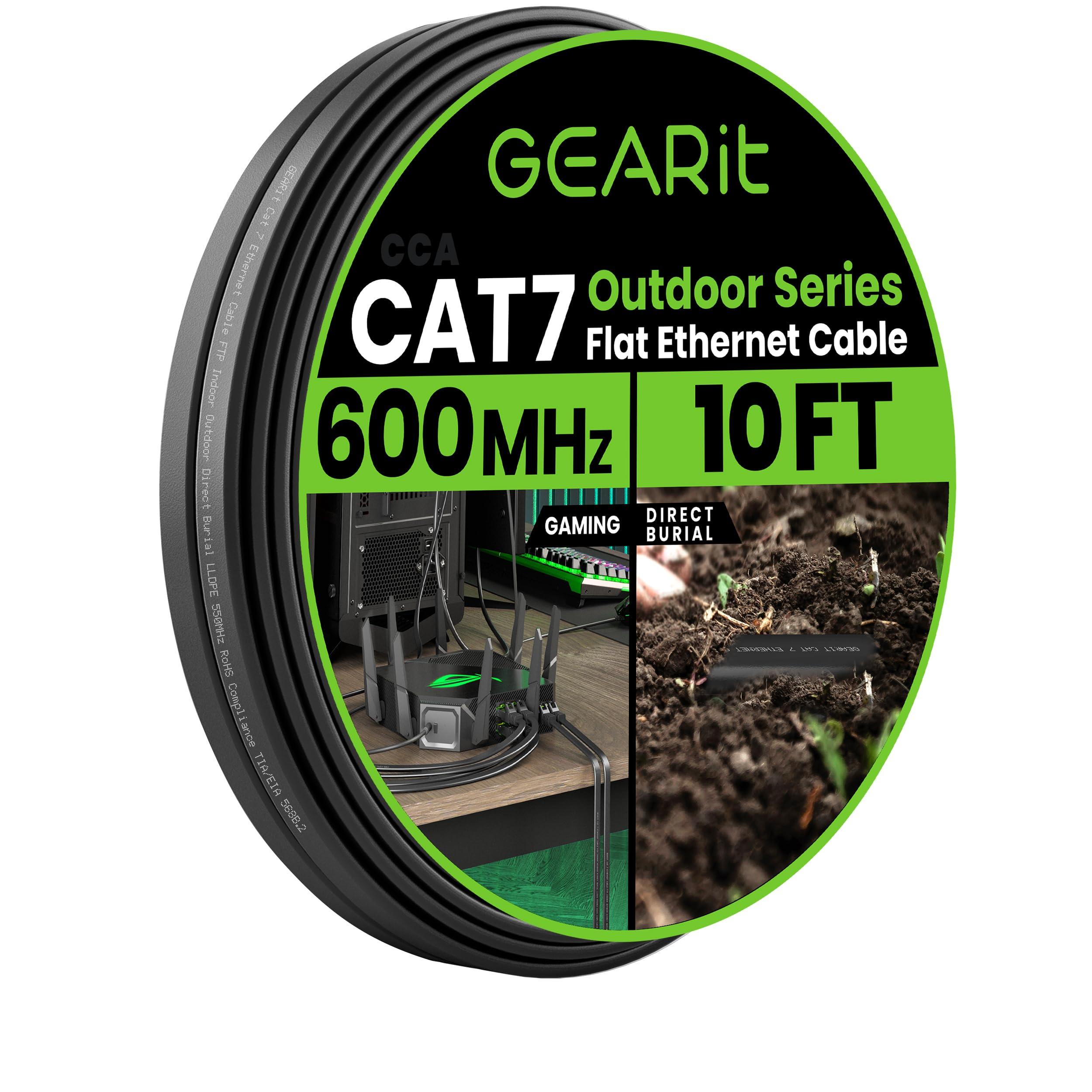 GearIT GearIT Cat 7 Outdoor Flat Ethernet Cable (10ft, Black) Direct Burial Rated LLDPE Jacket - Indoor Cat7 Shielded FTP 600MHz 10Gbps High Speed Gaming Computer Network RJ45 Snagless Patch Cord Internet