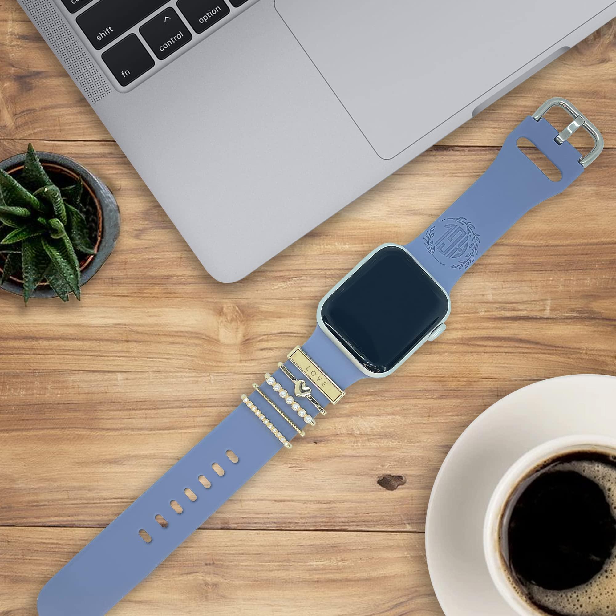 DirectNine Basics Personalized Charmed Bands Compatible with Apple Watch 38mm 40mm 41mm 42mm 44mm 45mm Cusom Monogram Laser Engraved Silicone Strap Charms (42/44/45mm M/L, Charms Love, Lavender Grey)