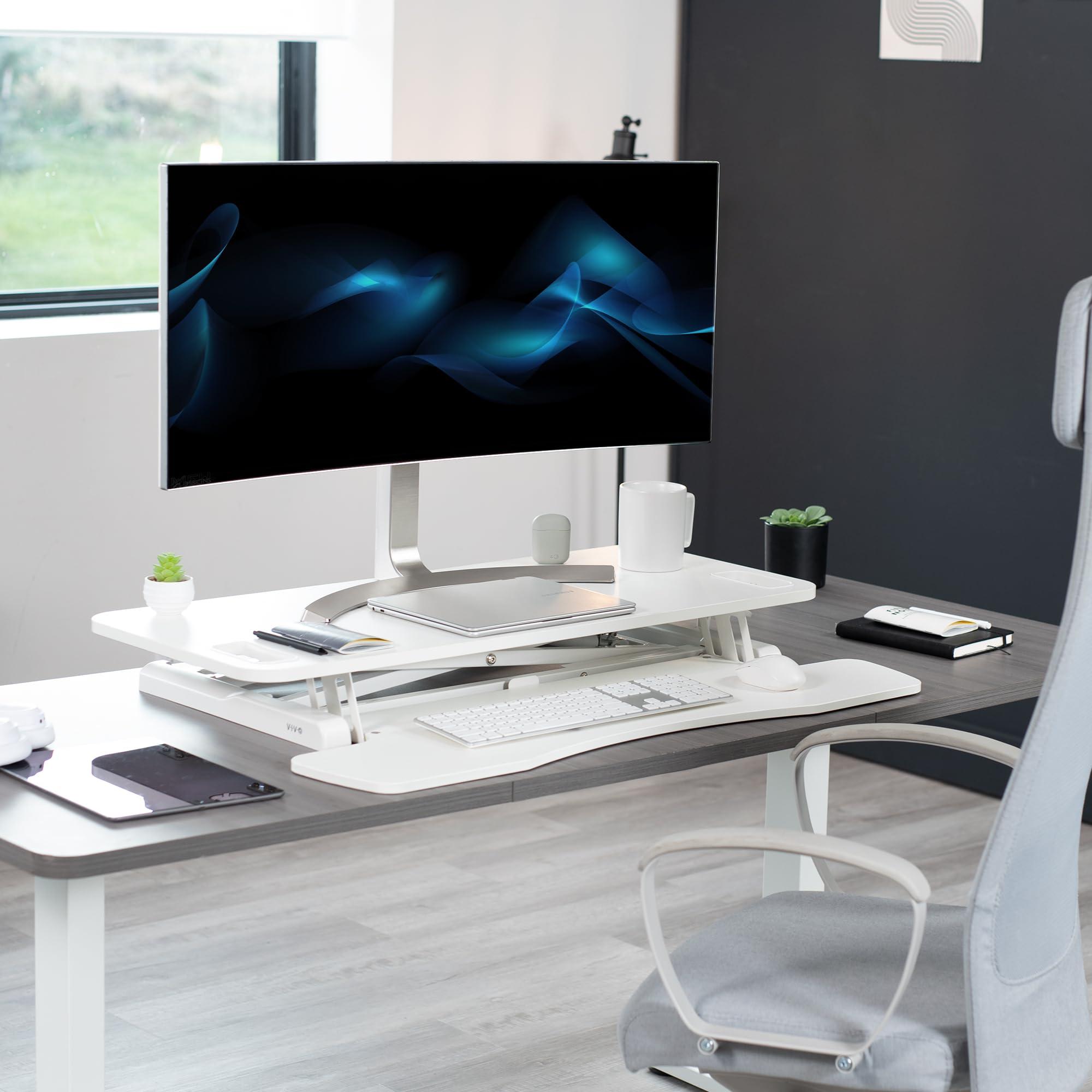 VIVO VIVO 38 inch Desk Converter, K Series, Height Adjustable Sit to Stand Riser, Dual Monitor and Laptop Workstation with Wide Keyboard Tray, White, DESK-V037KW