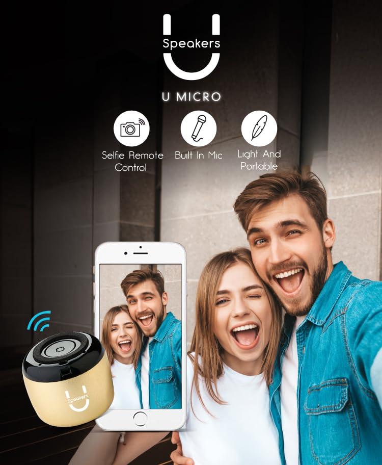 Fashionit Fashionit U Micro Speaker | Stylish Portable Wireless Bluetooth 5.0 with Built-in Mic & Remote Shutter | Perfect Little Speaker for Home, Parties, Travel! Small Device, Rich Sound | Mirror Gold
