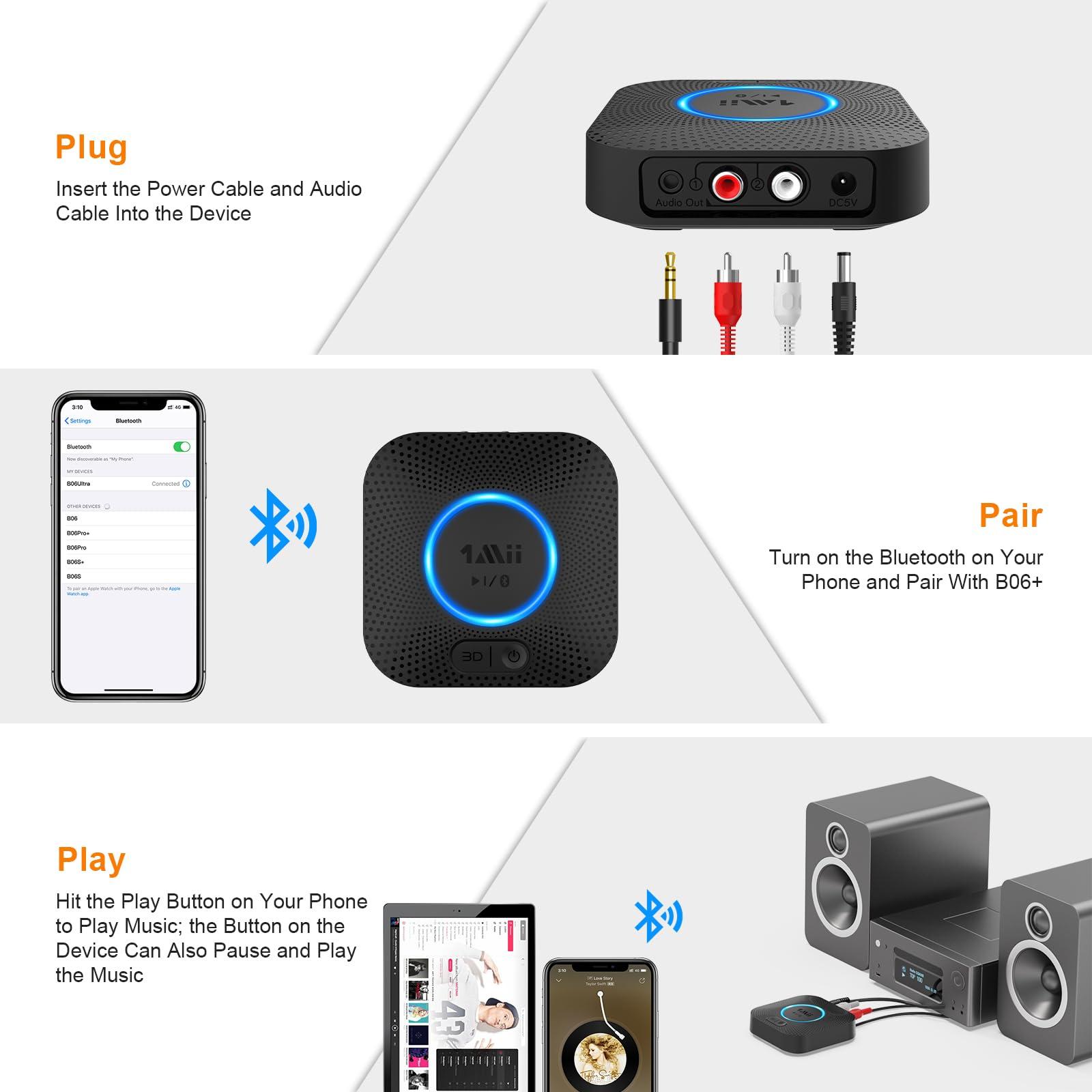 1mii [Upgraded] 1Mii B06 Plus Bluetooth Receiver, HiFi Wireless Audio Adapter, Bluetooth 5.3 Receiver with 3D Surround aptX HD aptX Adaptive for Home Music Streaming Stereo System