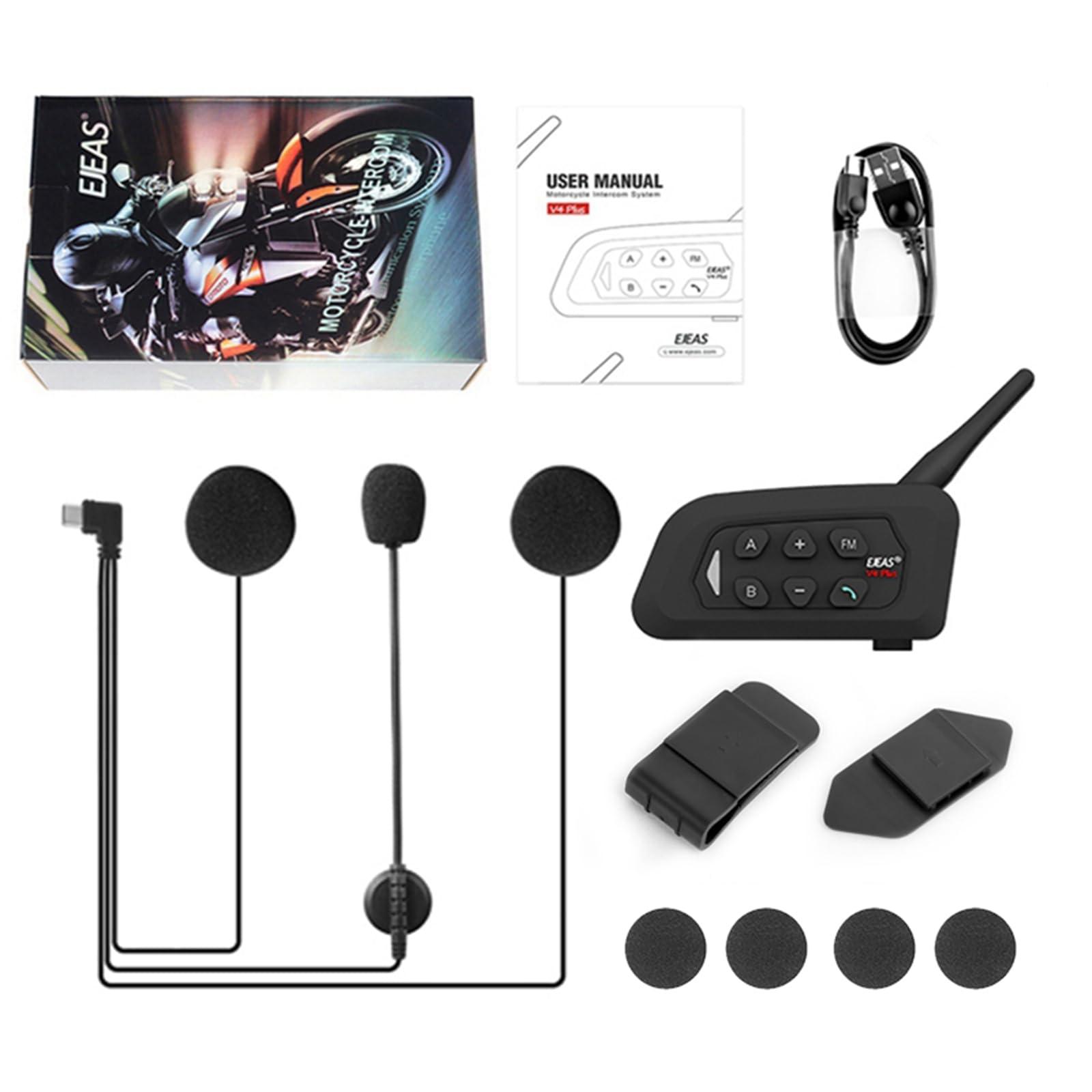EJEAS EJEAS V4 Plus Helmet Communication System, Motorcycle Bluetooth V5.1 Headset 1500m Helmet Intercom with Noise Reduction/3D Sound/FM Radio/Hands-Free, Ideal for 2 to 4 Riders Group Talking (1PC)