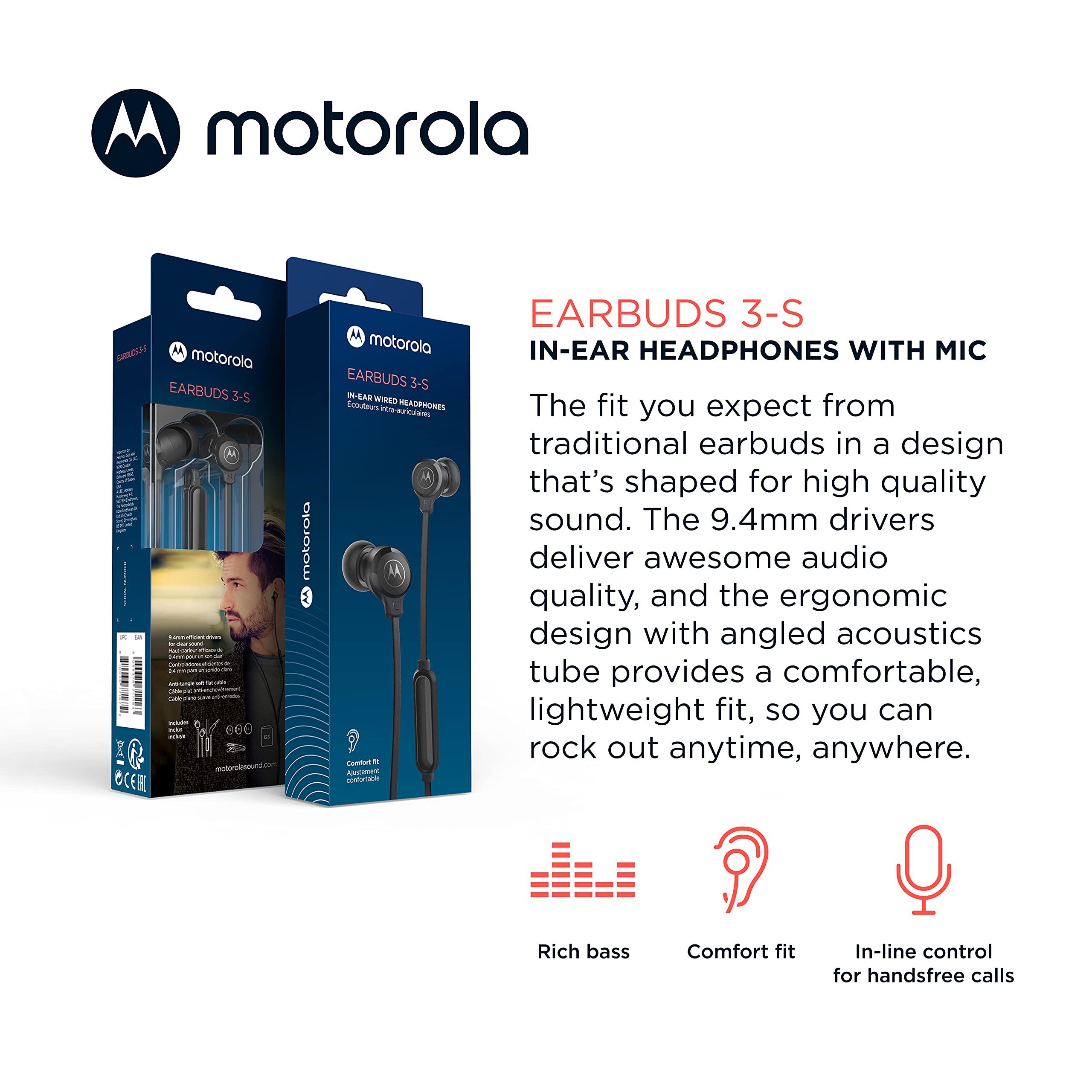 Motorola Sound Motorola Earbuds 3-S Wired Earbuds with Microphone - Corded in-Ear Headphones, Comfortable Lightweight Silicone Ear Buds, Non-Tangle Flat Cable, 9.4mm Drivers Clear Bass Sound - Black