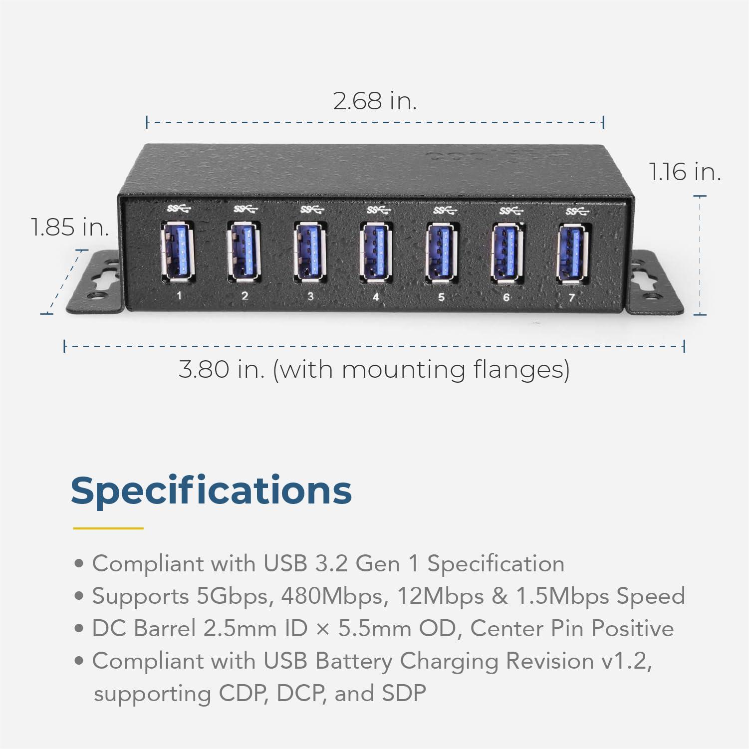 Coolgear Coolgear 7 Port USB Hub w/Power Adapter - 5Gbps Data, ESD Protection, Self-Powered with DC Input, Mountable Metal Housing