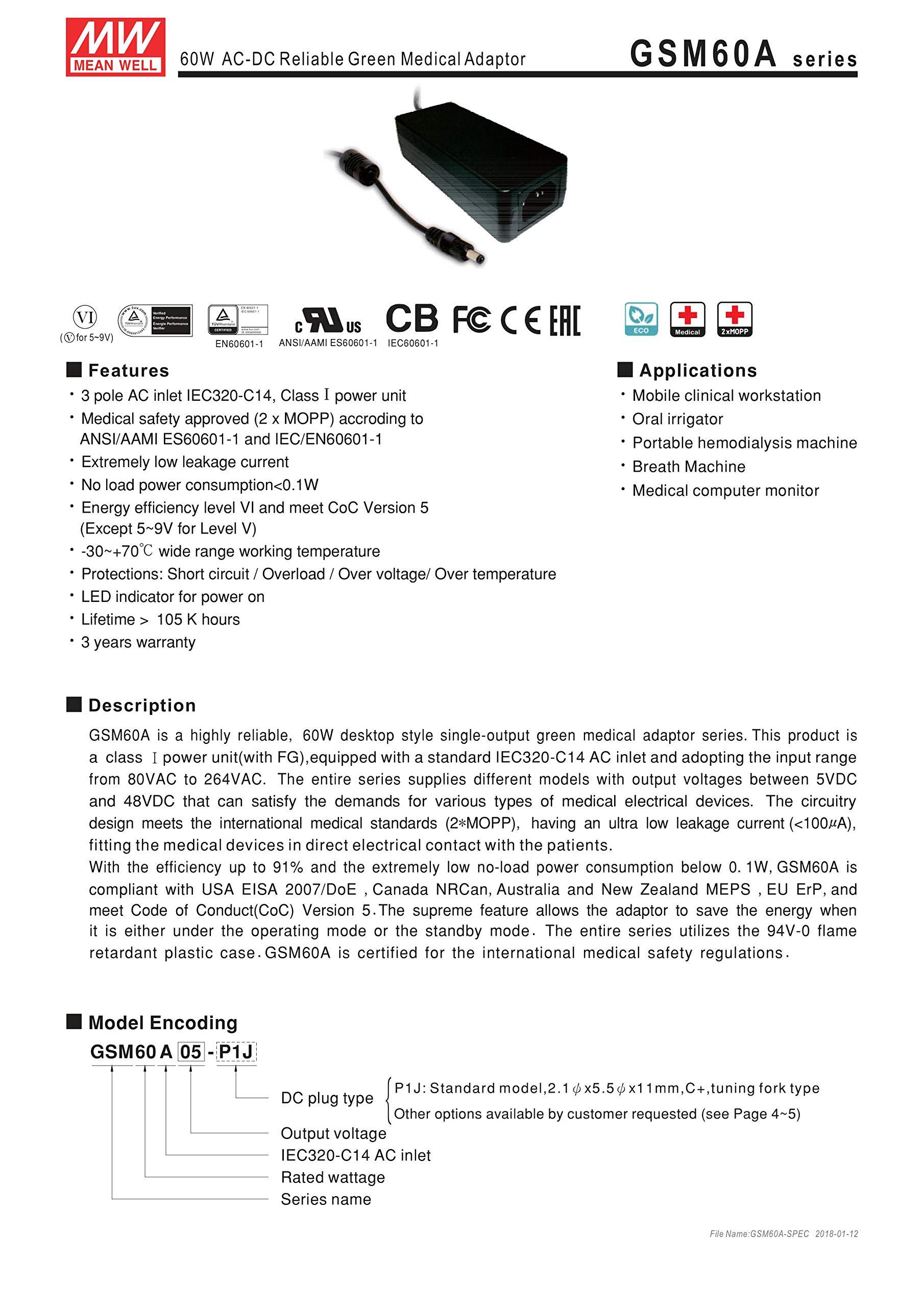 MEAN WELL MEAN WELL GSM40B48-P1J 48V 0.84A 40W AC-DC High Reliability Medical Adaptor