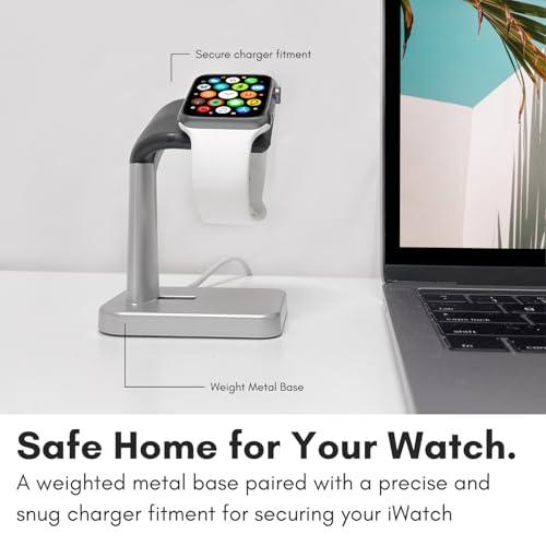 Macally Macally Apple Watch Stand for Series Ultra 9 8 7 6 5 4 3 2 1 SE (49mm 45mm 44mm 42mm 41mm 40mm 38mm) - Apple Watch Charger Stand Dock Holder - Sleek Desk iWatch Charging Station - Silver