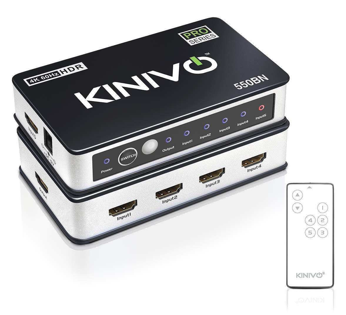 Kinivo Kinivo HDMI Switch 4K HDR 550BN (5 in 1 Out, 4K 60Hz HDR, HDMI 2.0, High Speed 18Gbps, IR Remote, HDCP) - Compatible with Roku, PS5, Xbox, Apple TV, Nintendo Switch, Cable Box