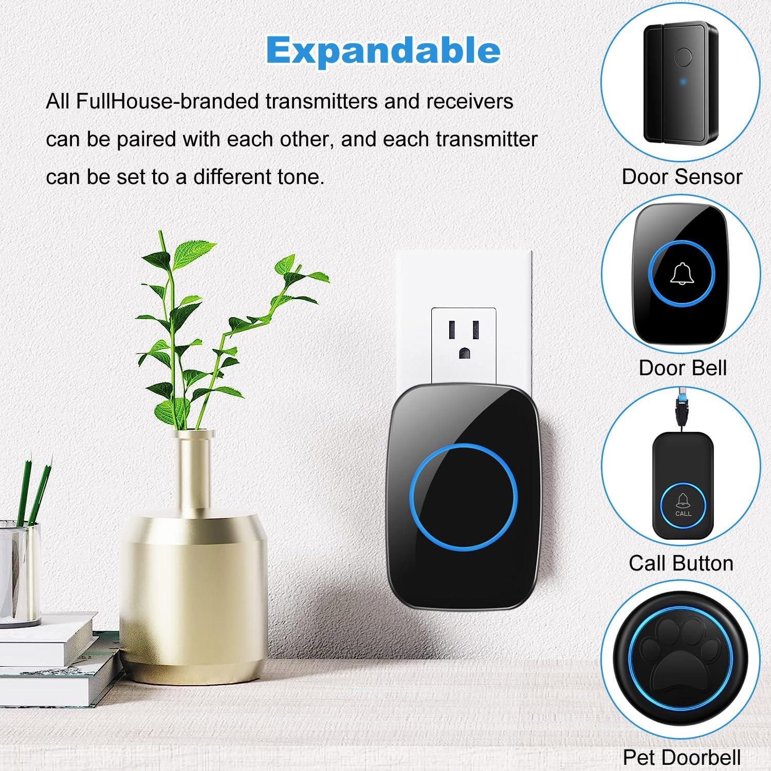 Full House Wireless Doorbell, FullHouse Waterproof Door Bell Kit, Distinguish Front and Rear Doors, Over 1000 feet Range and 60 Chime, 5 Levels Volume and LED Flash, for Home Office Classroom