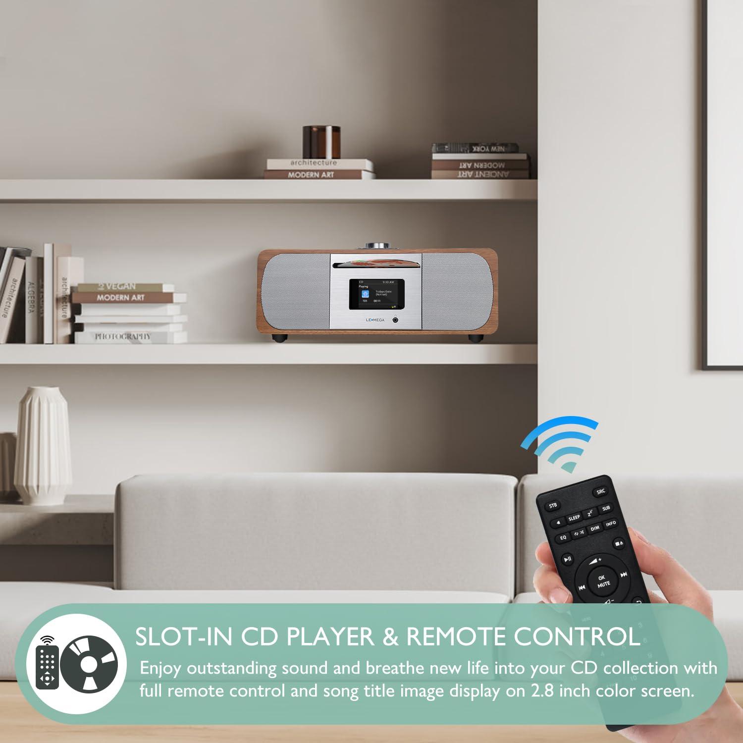 LEMEGA LEMEGA M5P Internet Radio with CD Player for Home, WiFi Radio, FM Digital Radio, Bluetooth Speaker, Spotify Connect,35W Home Stereo System,USB Player,Dual Alarms Clock, OKTIV APP Control-Dark Walnut