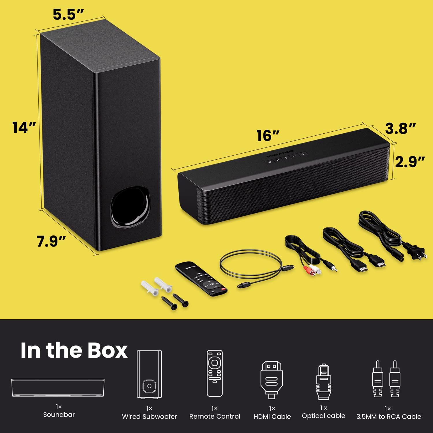PHEANOO PHEANOO 2.1 Compact Sound Bars for TV with Subwoofer, HDMI ARC/Bluetooth 5.0/Optical/AUX/RCA Connection, Remote Control, Adjustable Bass, Wall Mountable P15, 140W, 16 inch, Black