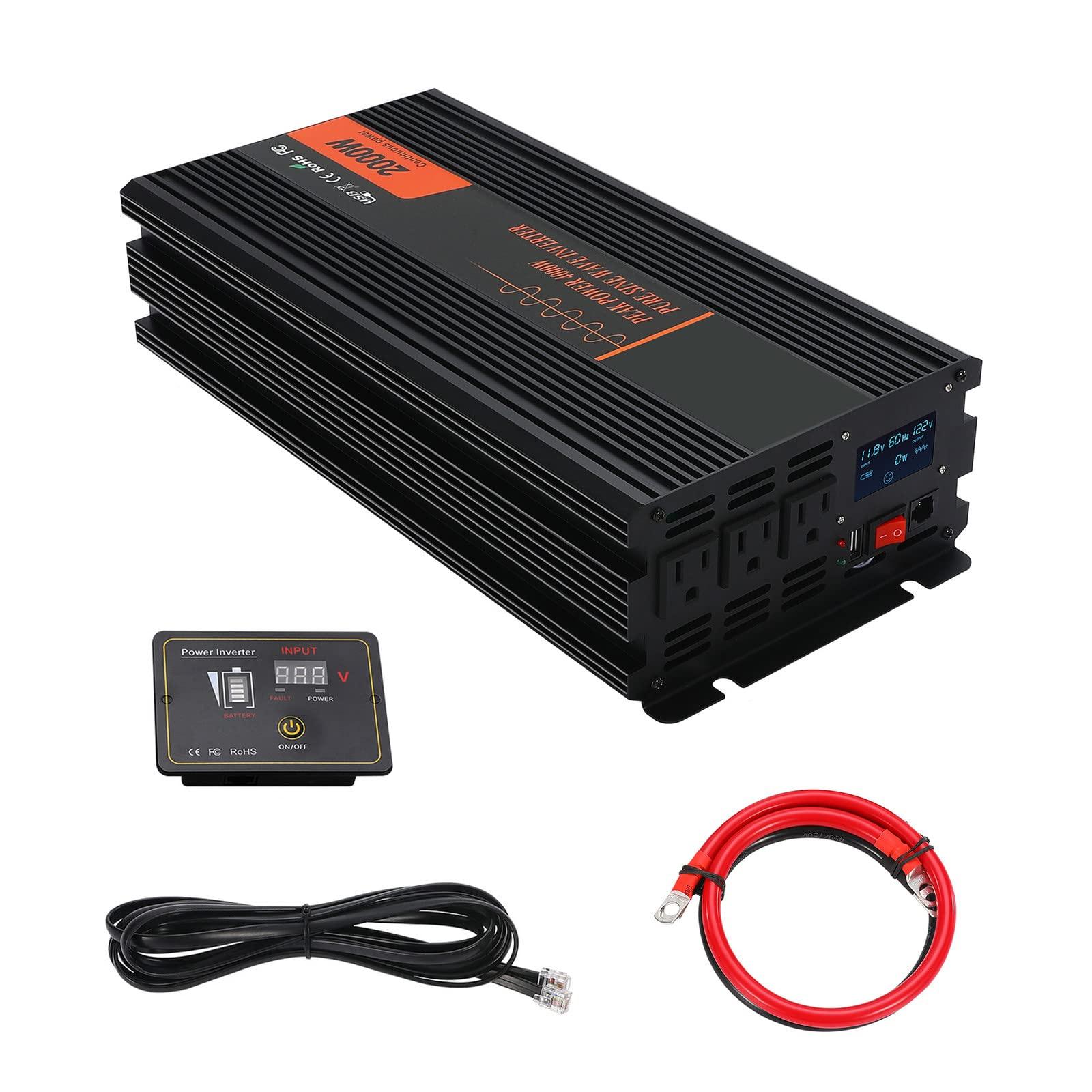 TOOJUN Car Power Inverter Pure Sine Wave DC 12V/24V/48V/60V to AC 120V/220V Transformer Convert with Wired Remote Control (Optional Socket),12V-120V