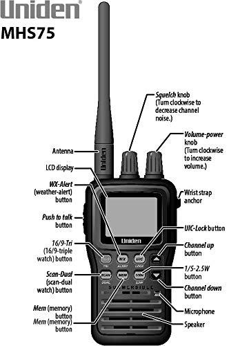 Uniden Uniden MHS75 Waterproof Handheld 2-Way VHF Marine radio, Submersible, Selectable 1/2.5/5 Watt Transmit Power. All USA/International and Canadian Marine Channels - Color Black