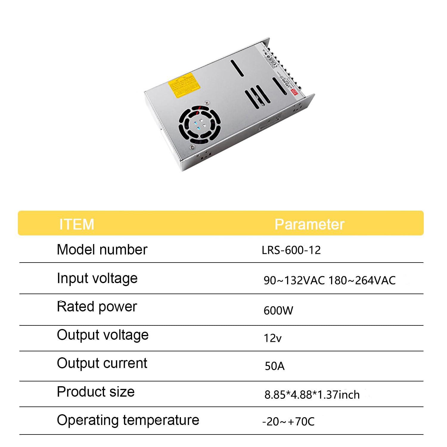 DirectNine Basics Mean Well LRS-600-12 600W 12V AC-DC Single Output Switching Power Supply - Industrial Grade, High Efficiency for Automation, Robotics, CNC, Packaging Machinery