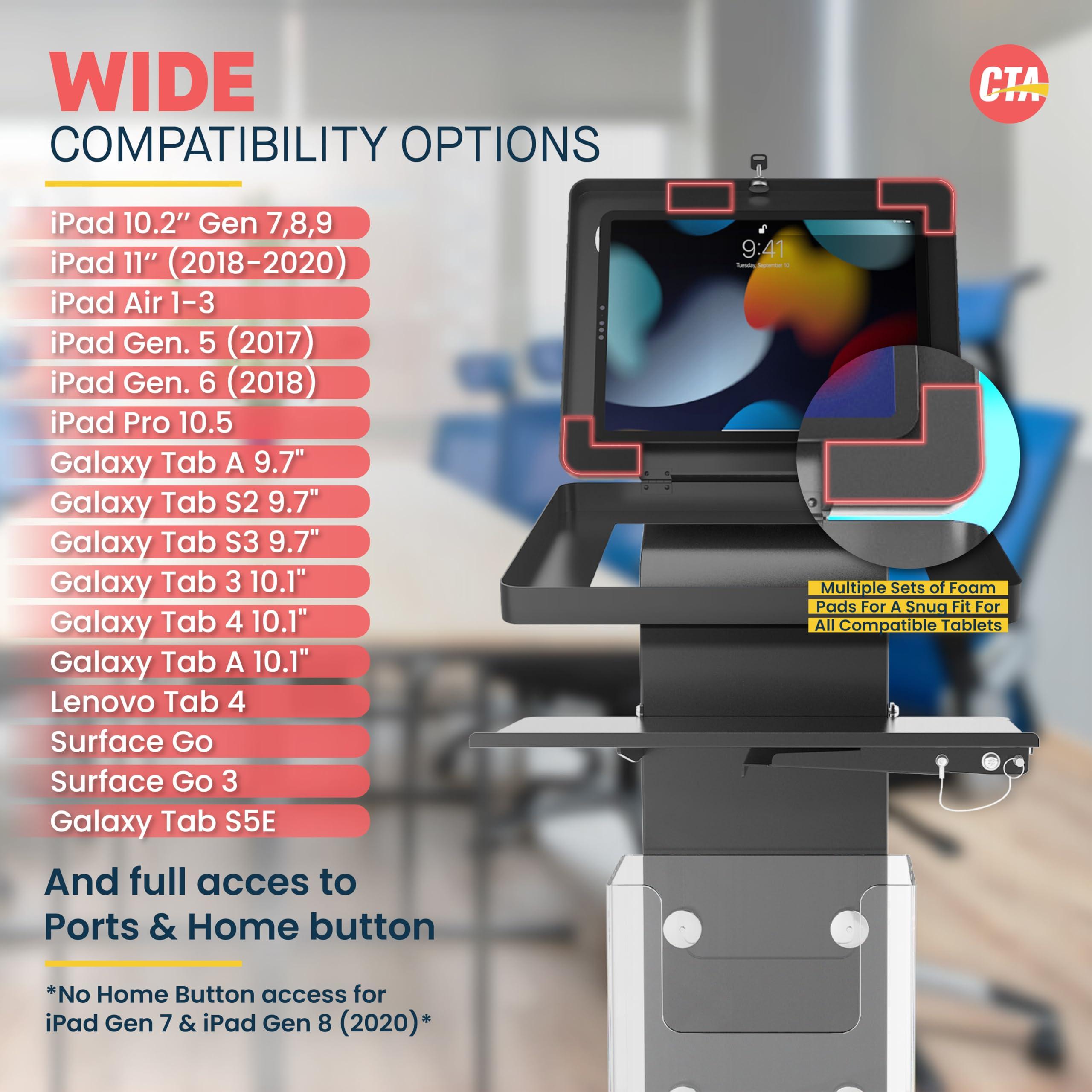 CTA Digital Anti-Theft Mobile Workstation Stand - CTA Locking Floor Stand Kiosk w/Secure Enclosure, Keyboard Tray & Storage - iPad 10.2" 7/8/9 Gen - 11" iPad Pro - Galaxy Tab A & More - Black - (PAD-PARAFK)