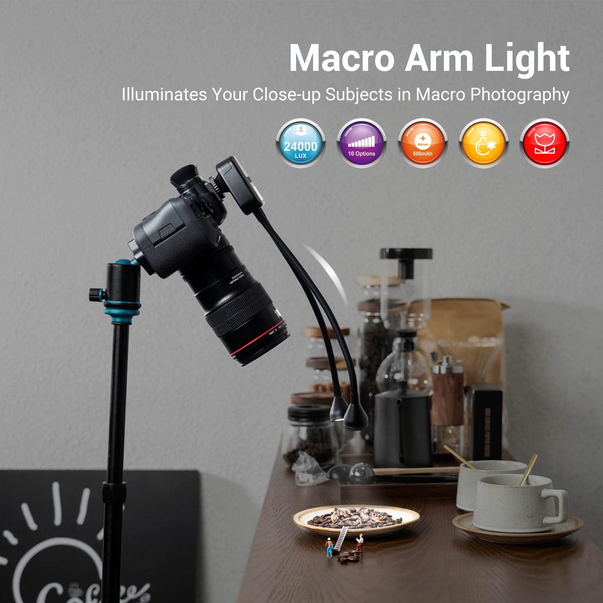 JJC LED Macro Arm Light with 10 Level Ajustable Brightness,CRI 95+ 5600K Macro Photography Lighting Support Type-C Charge for DSLR Mirrorless Camera for Insect Plant Jewelry Close-up Shooting