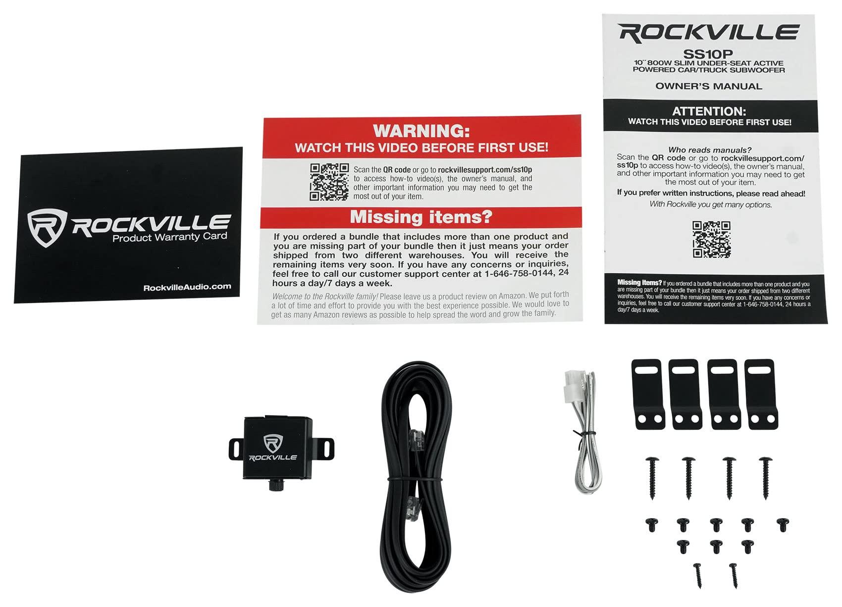 Rockville Rockville SS10P 10" 800w Slim Under-Seat Active Powered Car/Truck Subwoofer Sub Bundle RWK81 8 Gauge Complete Amp Installation Wire Kit