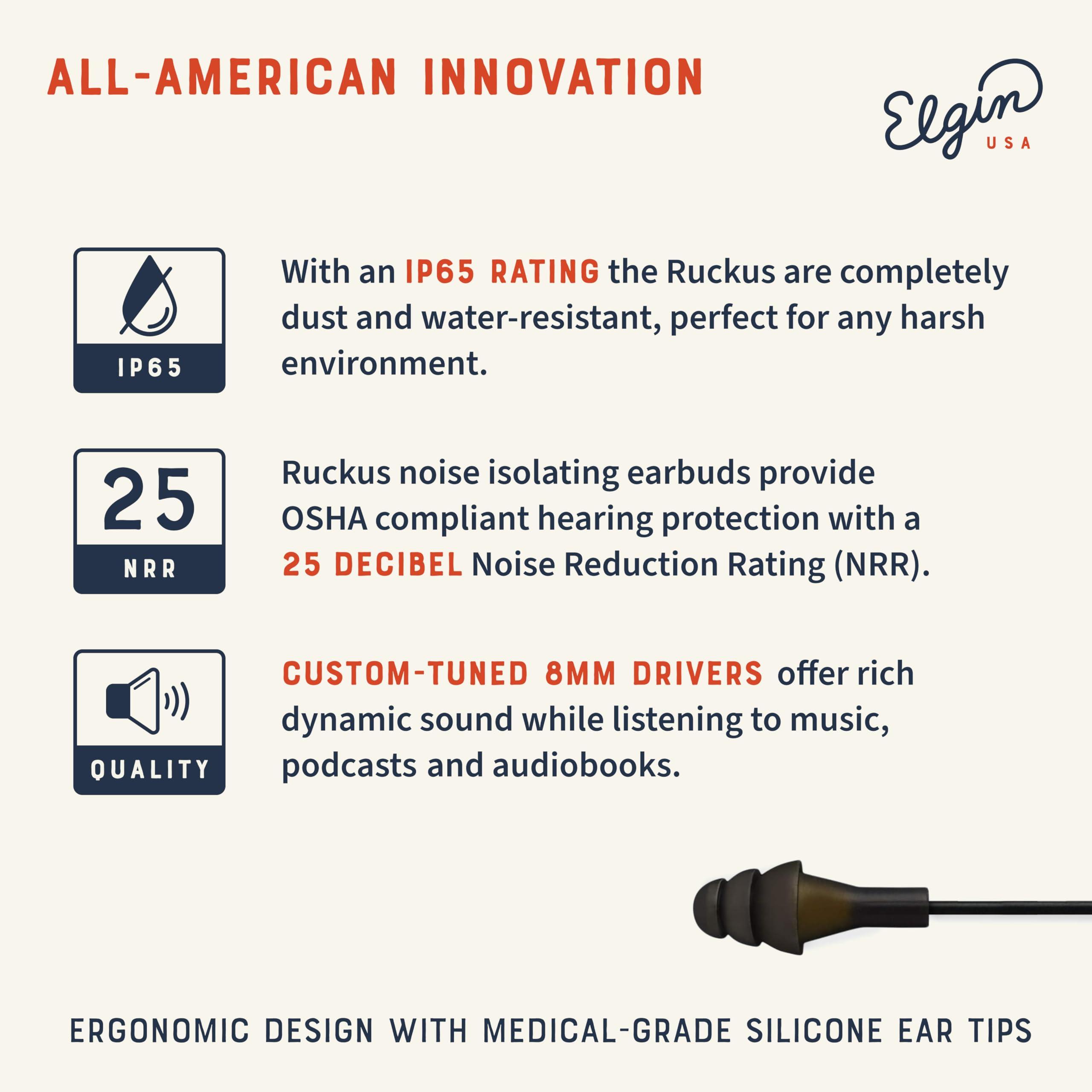 Elgin Elgin Ruckus Earplug Headphones, ANSI Certified 25dB Noise Reduction, IP65 Rated for Dust and Water Resistance, Ideal for Construction and Outdoor Work, Durable w/Kevlar-Braided Cables, Stealth Black