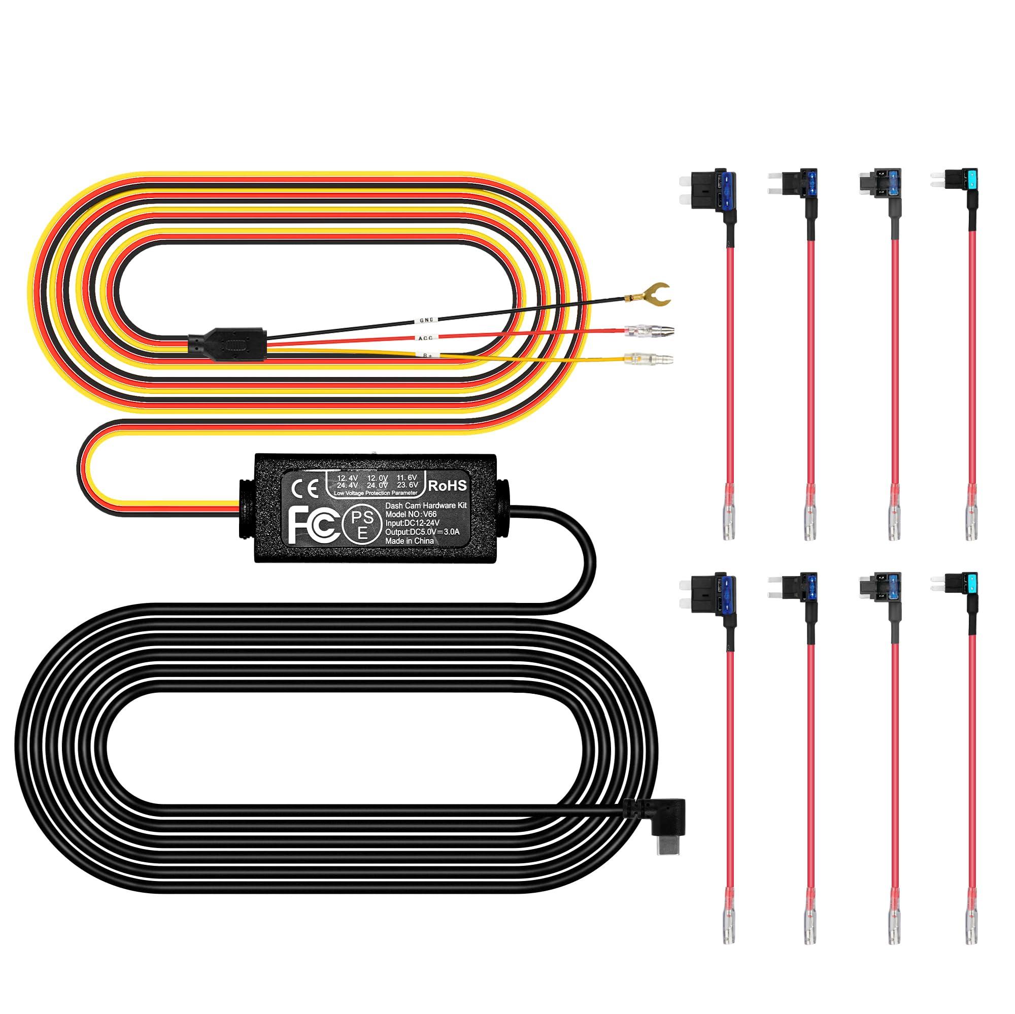 pelsee Pelsee Dash Cam Hardwire Kit, Type-C Full Set Hard Wire Kit Fuse, 12V-24V to 5V Dash Camera Car Charger Cable Kit, Low Voltage Protection, LED Indicator, Double-4 Fuse Cable and Installation Tool