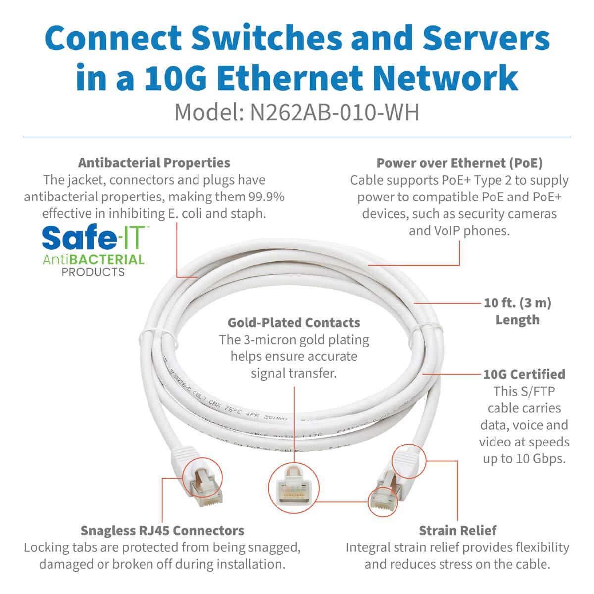 Tripp Lite Tripp Lite, Safe-IT, Cat6a PoE Ethernet Cable, 10G Certified Snagless, S/FTP (RJ45 M/M), 10 Feet / 3 Meters, Limited Life Manufacturer's Warranty (N262AB-010-WH)