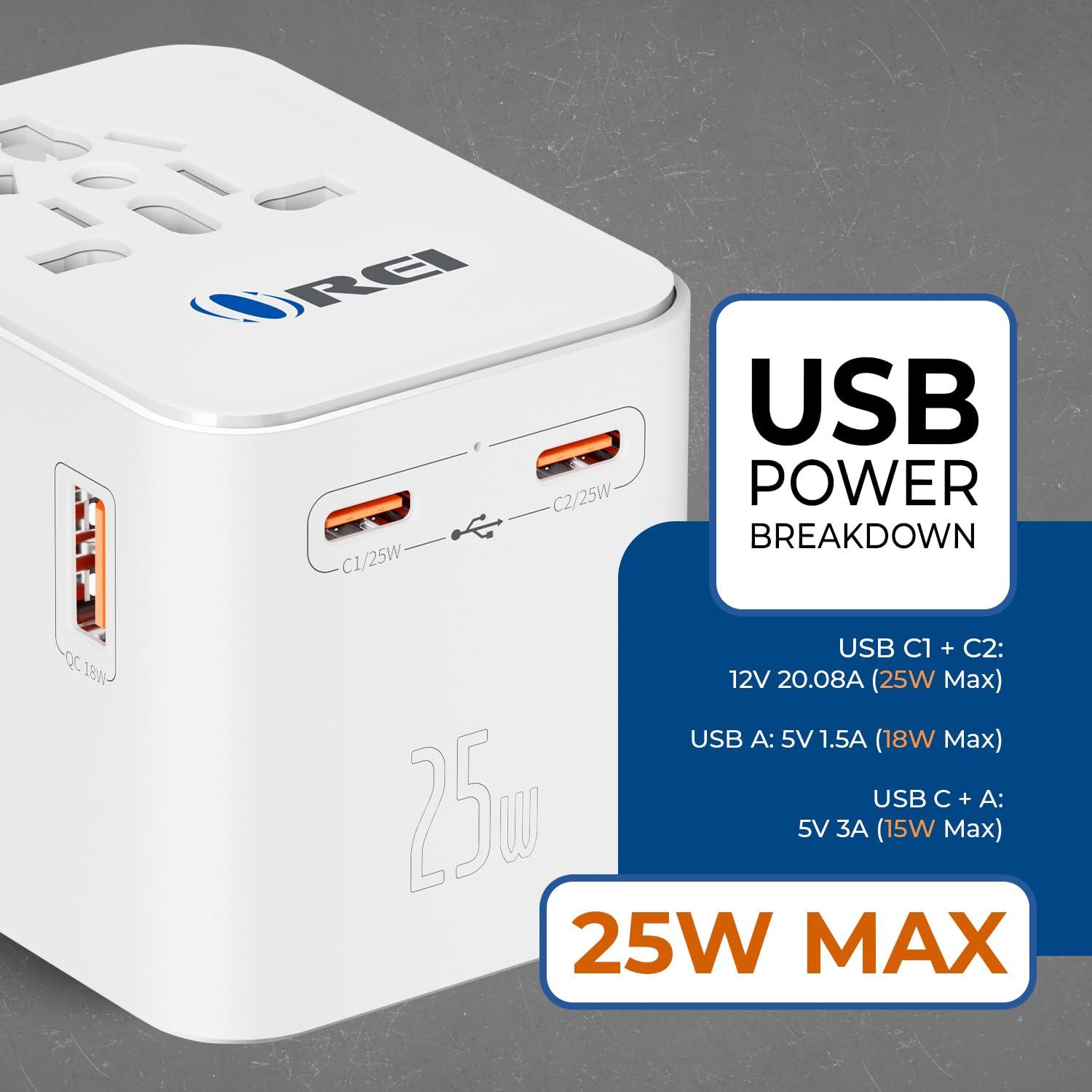 OREI OREI World Travel Plug Adapter - 2 USB + 1 Universal Outlets - Slots for Europe, Asia, China, Japan, Africa - Perfect for Cell Phones, Tablets, Cameras and More