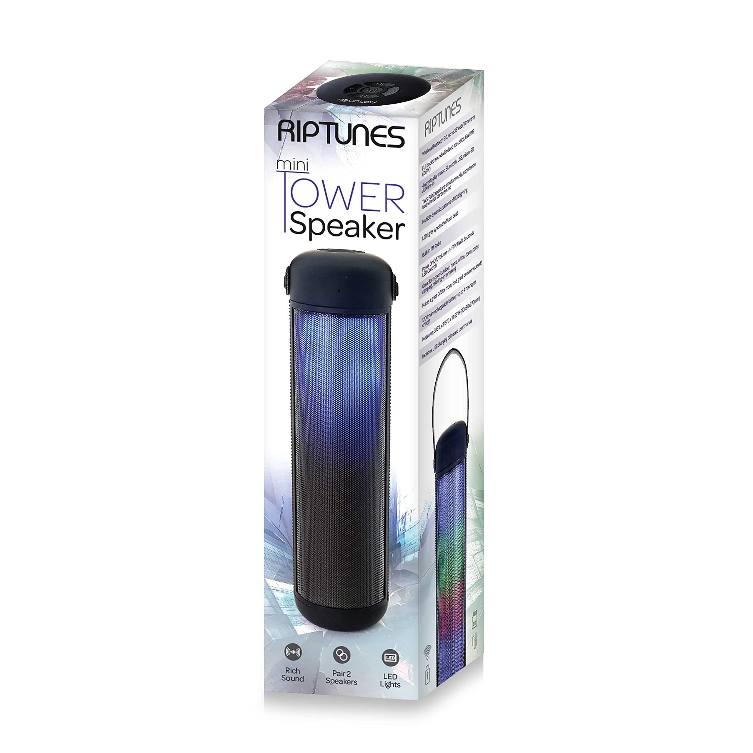 Riptunes Riptunes Mini Tower Night Light Bluetooth Speaker, Portable Wireless Speaker w/Changing LED Lights, 6W RMS Full Range Stereo Sound, Built-in FM Radio, Supports Bluetooth/USB/Micro-SD/AUX line-in