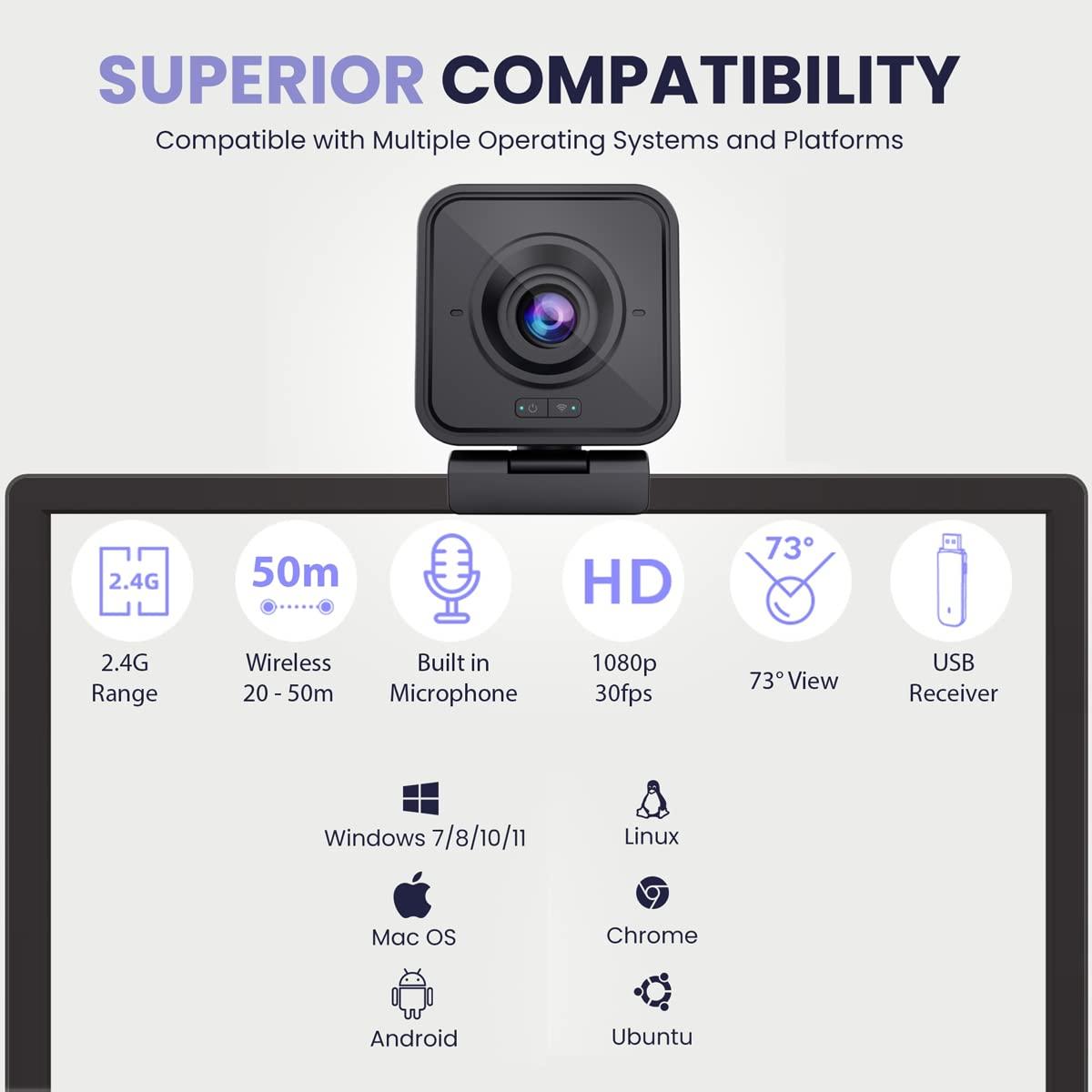 Project Telecom Project Telecom 1080p Wireless Webcam with Microphone USB PC Camera for Laptop & Desktop Full HD Streaming Web Camera for Video Calls, Zoom, Remote Meetings Plug & Play USB Web Cam