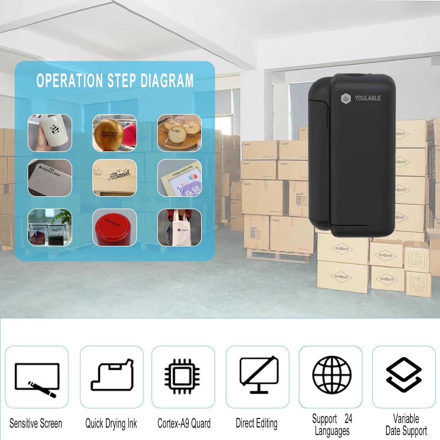 YOULABLE Mini Handheld Printer Code Printer Wirless Printer Compatible with Android and iOS for DIY Printing QR-Code Barcode Production Date Logo Batch Series Number with Quick-Drying Ink Cartridge (BLACK)