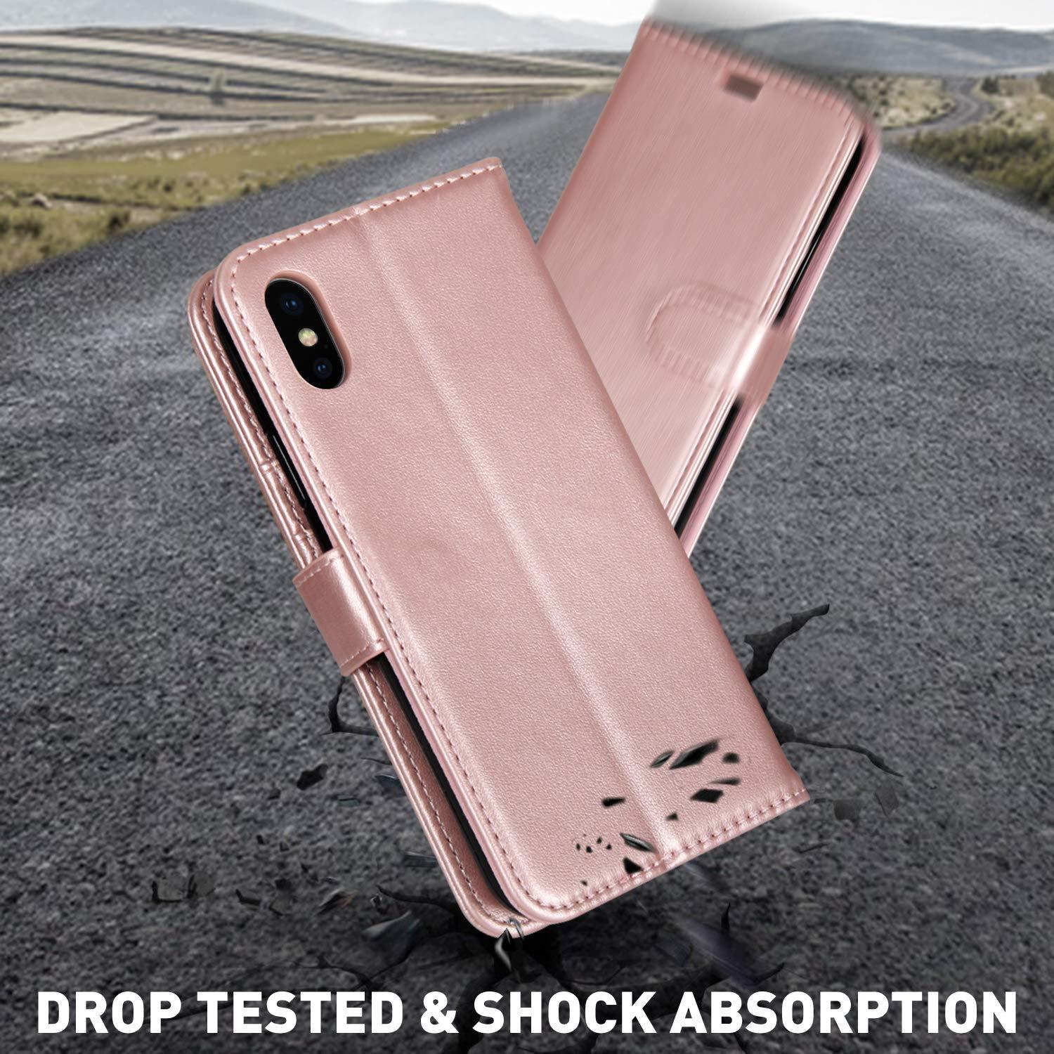 MONASAY MONASAY Wallet Case Compatible for iPhone X/iPhone Xs, 5.8-inch, [Glass Screen Protector Included] [RFID Blocking] Flip Folio Leather Cell Phone Cover with Credit Card Holder,Rosegold